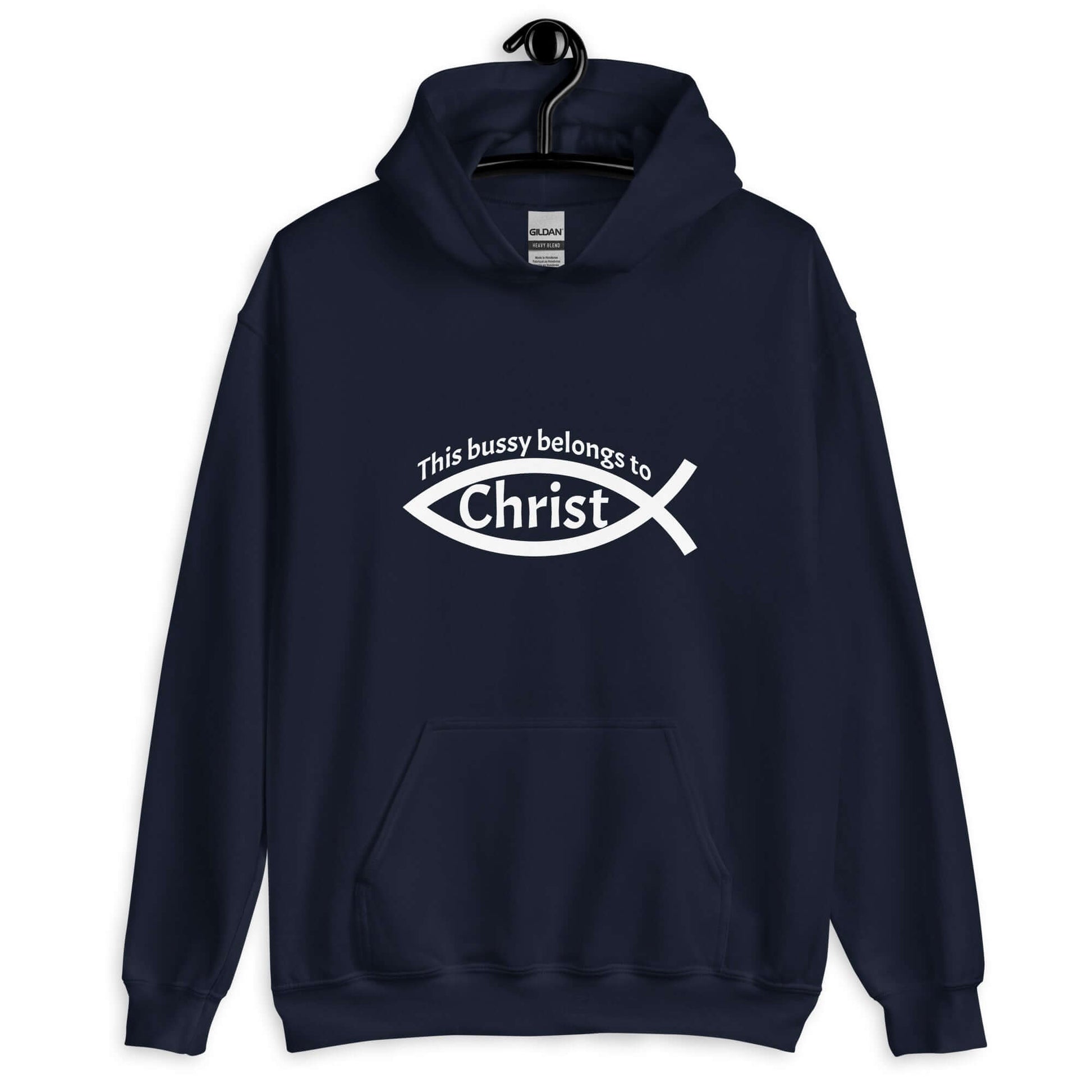 Navy blue hoodie sweatshirt with This bussy belongs to Christ inside of a Christian fish symbol printed on the front.