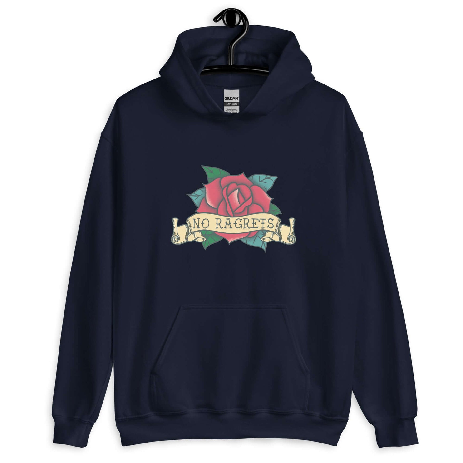 Navy blue hoodie sweatshirt with funny image of an old school rose flash tattoo with the words no ragrets intentionally misspelled.