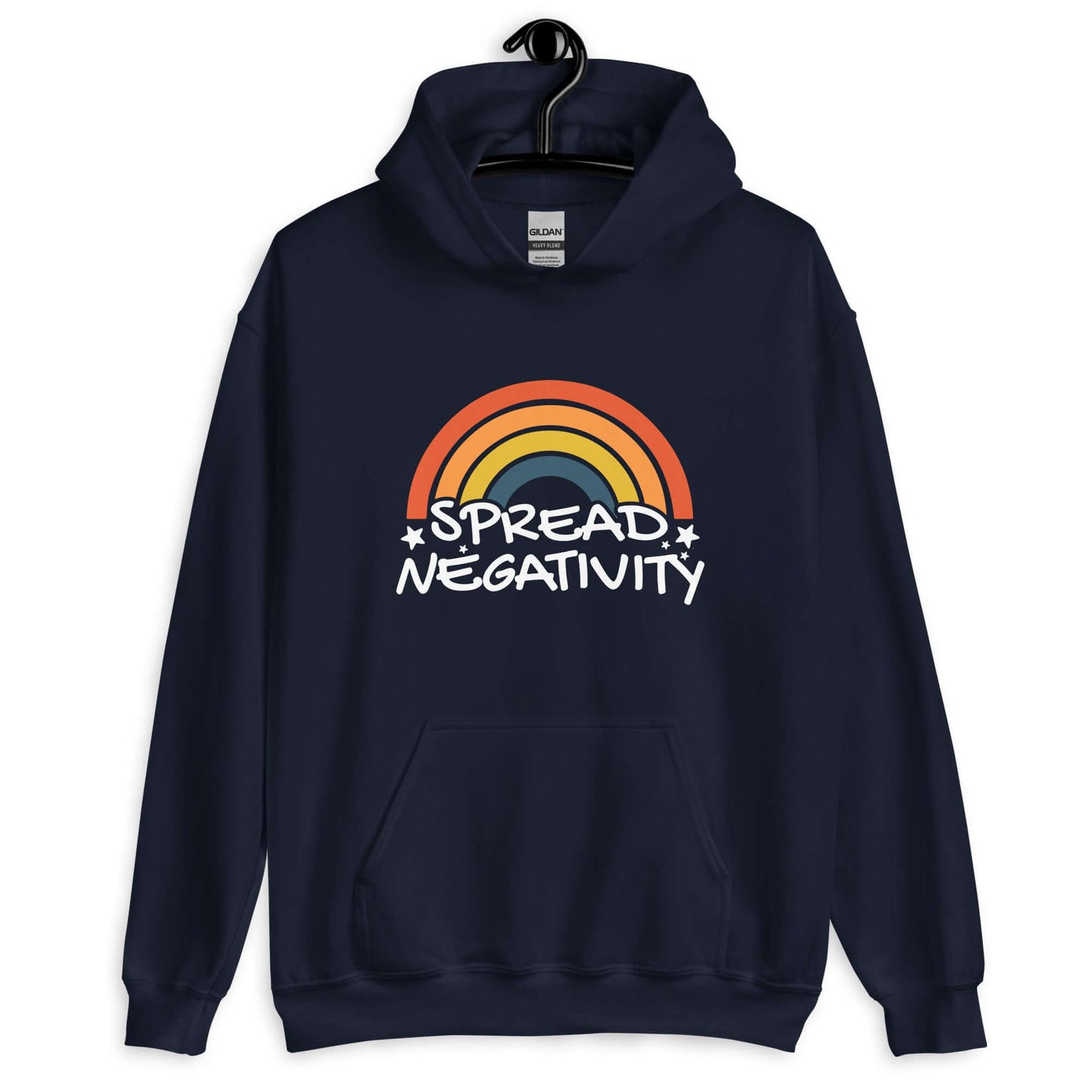 Navy blue hoodie sweatshirt with a graphic of a rainbow and the words Spread negativity printed on the front.