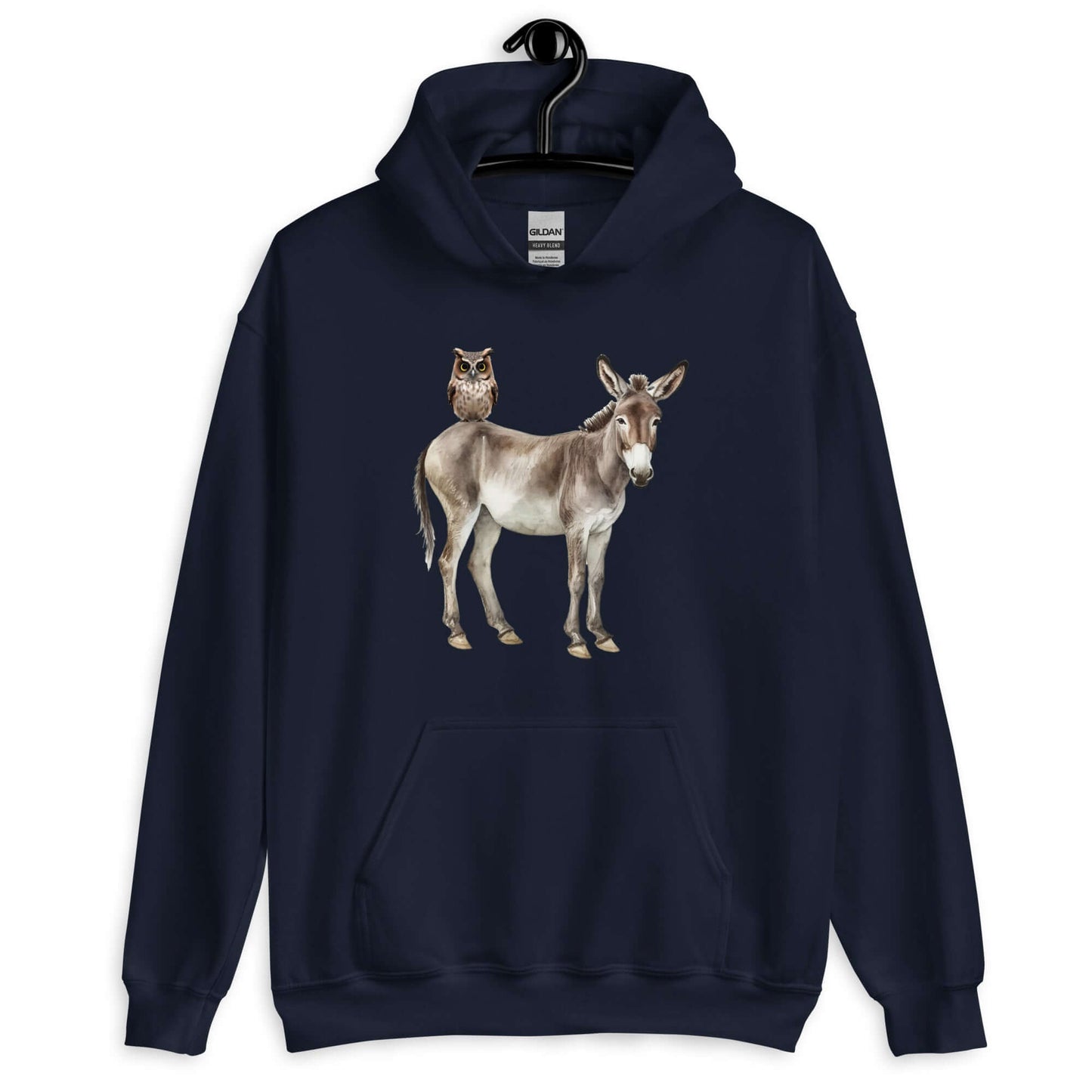 Navy blue hoodie sweatshirt with image of a donkey with wise owl sitting on it. The graphic is printed on the front of the hoodie.