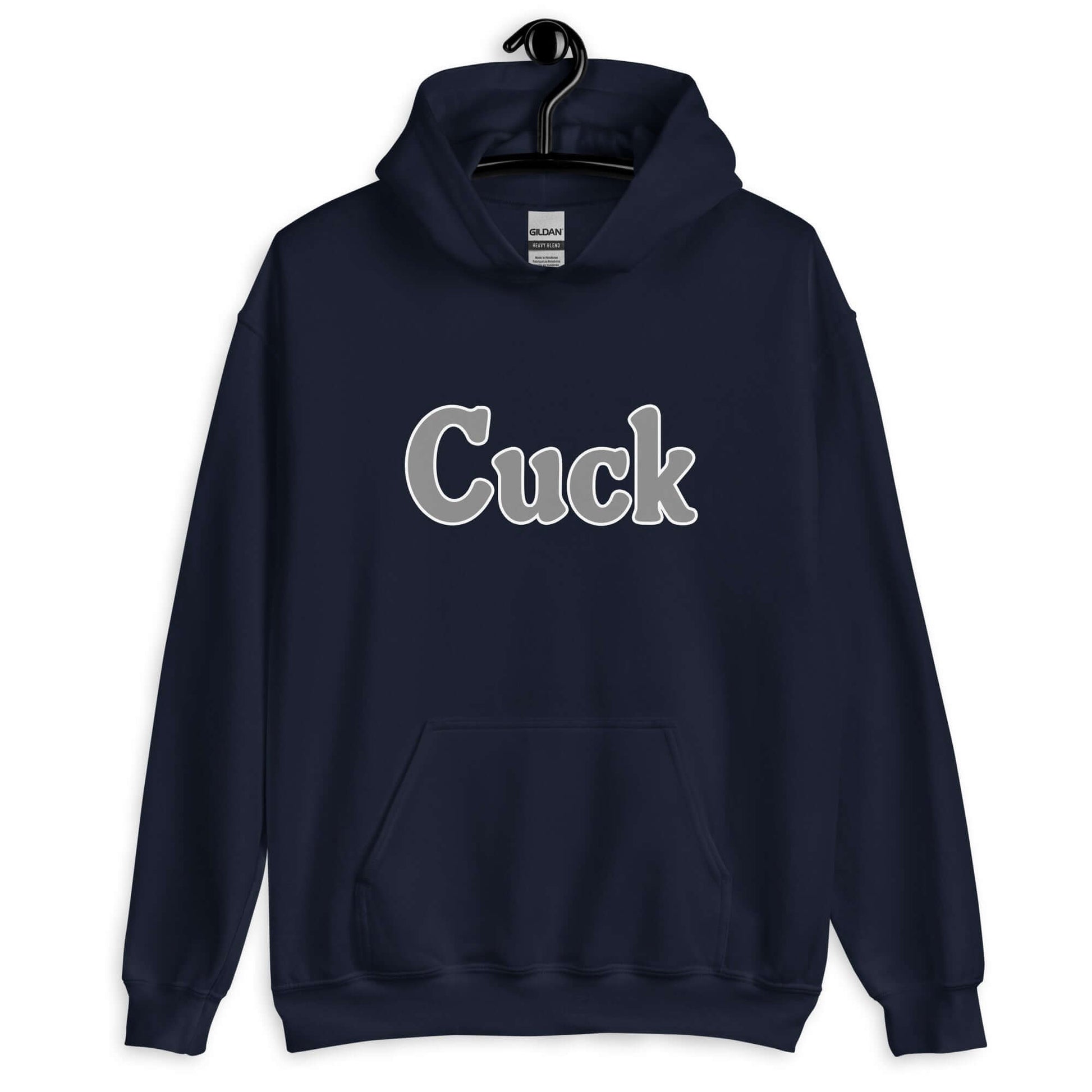 Navy blue hoodie sweatshirt with the word Cuck printed on the front in grey.