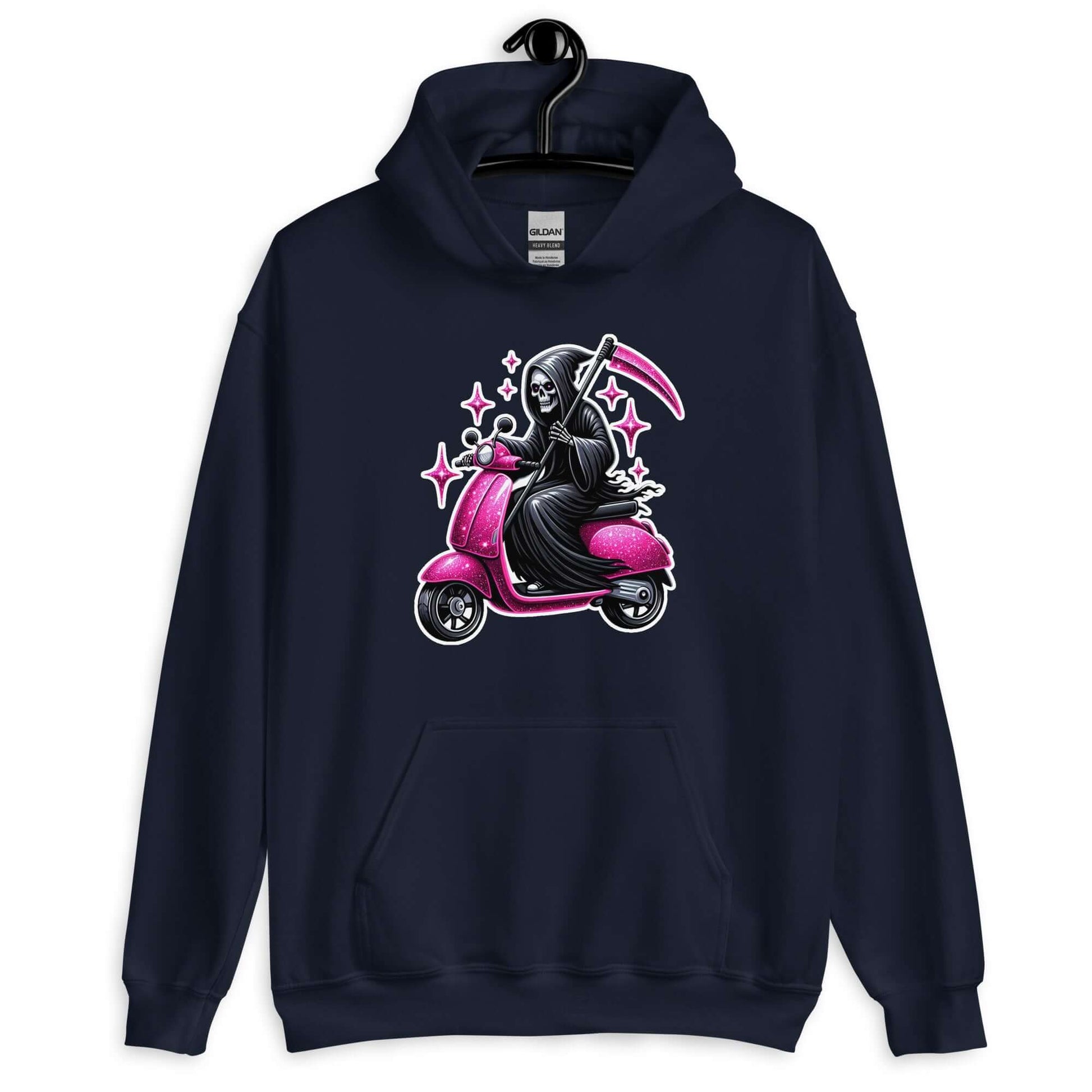 Navy blue hoodie sweatshirt with funny image of the Grim Reaper riding on a glam pink scooter printed on the front.