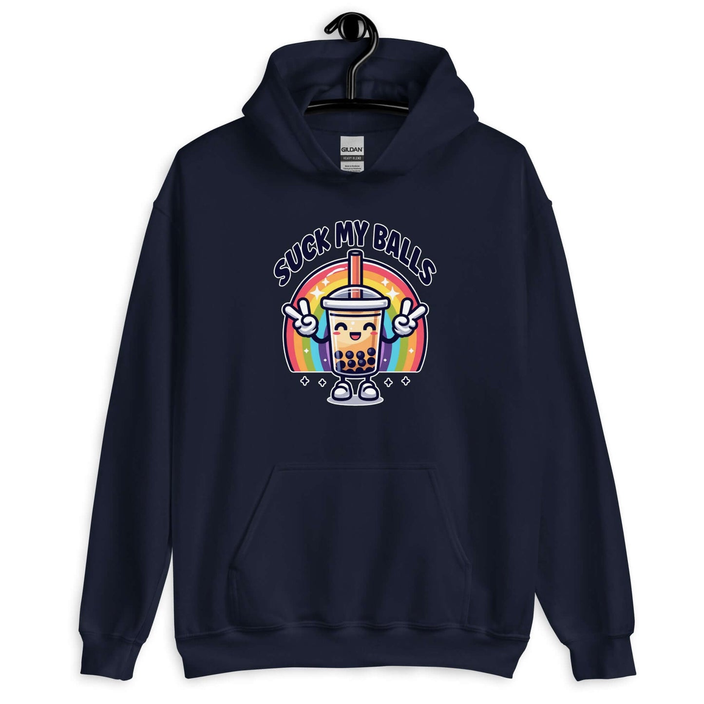 Navy blue hoodie with graphics of a rainbow and a smiling boba bubble tea. The bubble tea has arms and legs. The phrase Suck my balls is printed above the rainbow. The graphics are on the front of the hoodie.