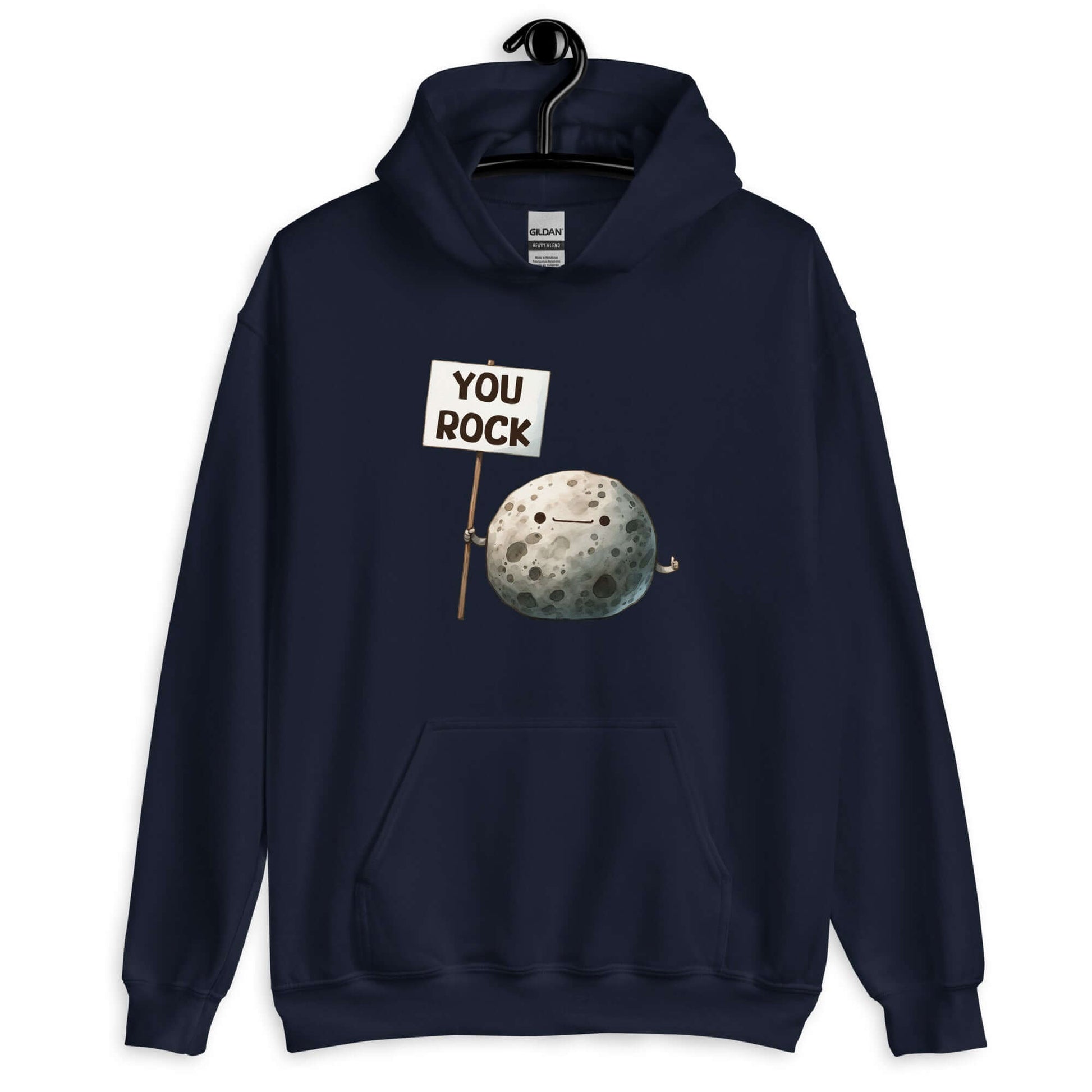 Navy blue hoodie with an image of a grey rock that is holding a sign. The sign says You Rock. The image is printed on the front of the hoodie.