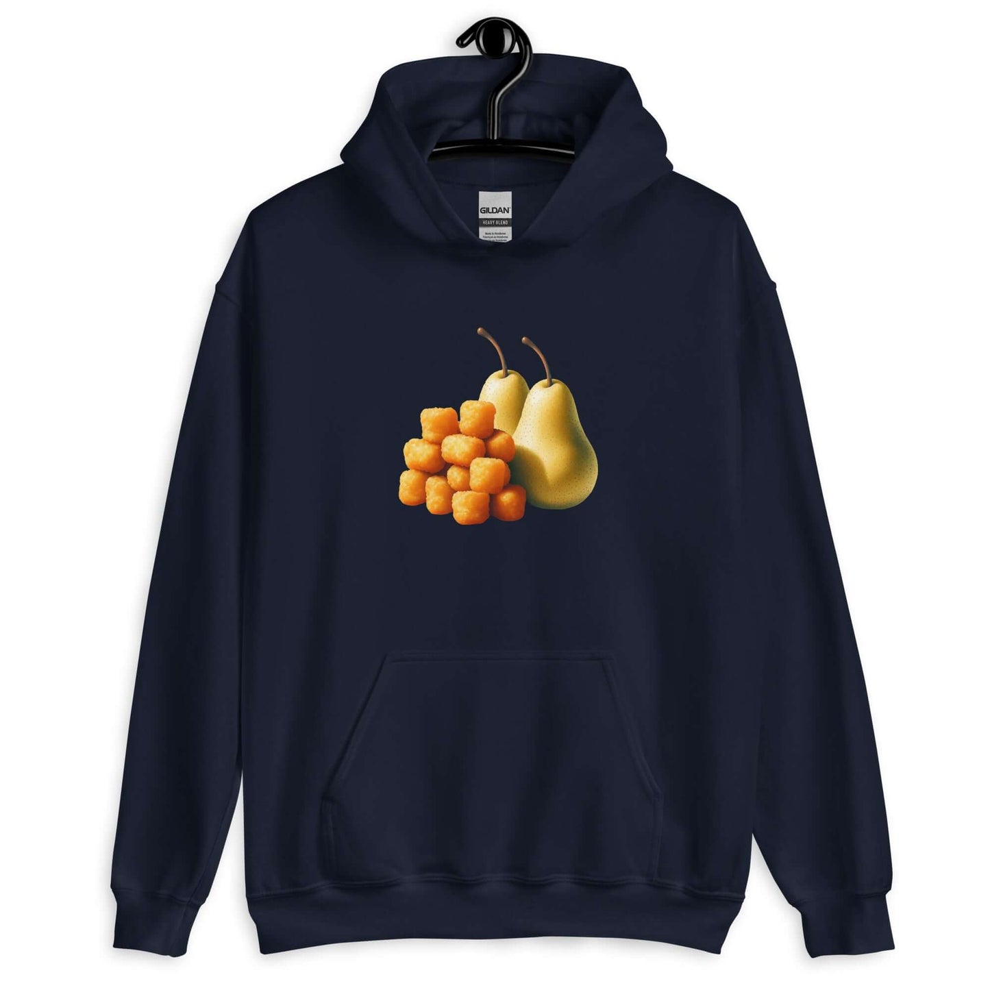 Navy blue hoodie with an image of tater tots and two pears printed on the front. 