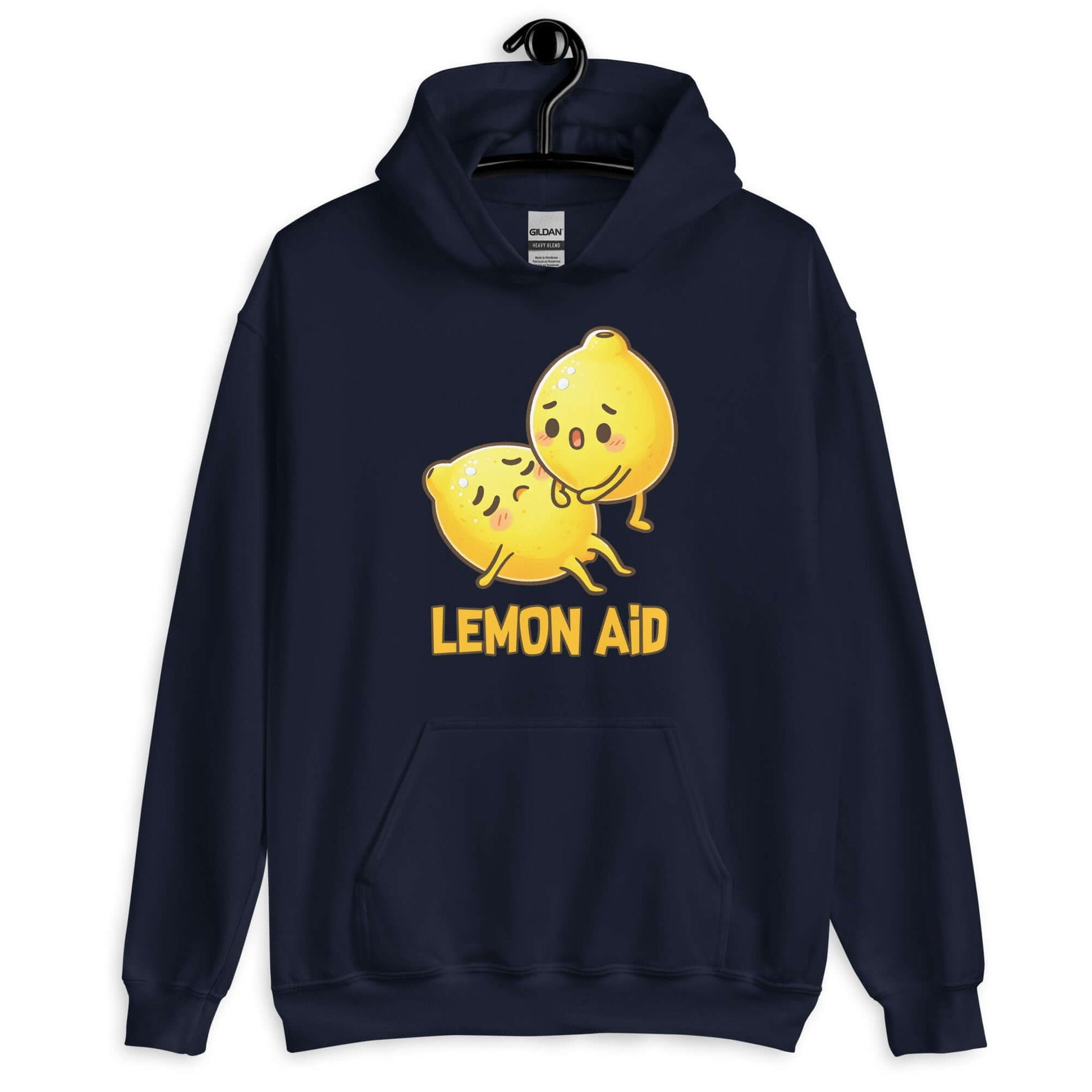 Navy blue hoodie sweatshirt with image of 2 cartoon lemons. One lemon is giving the other lemon CPR. The words Lemon Aid is under the lemons. The graphic is printed on the front.