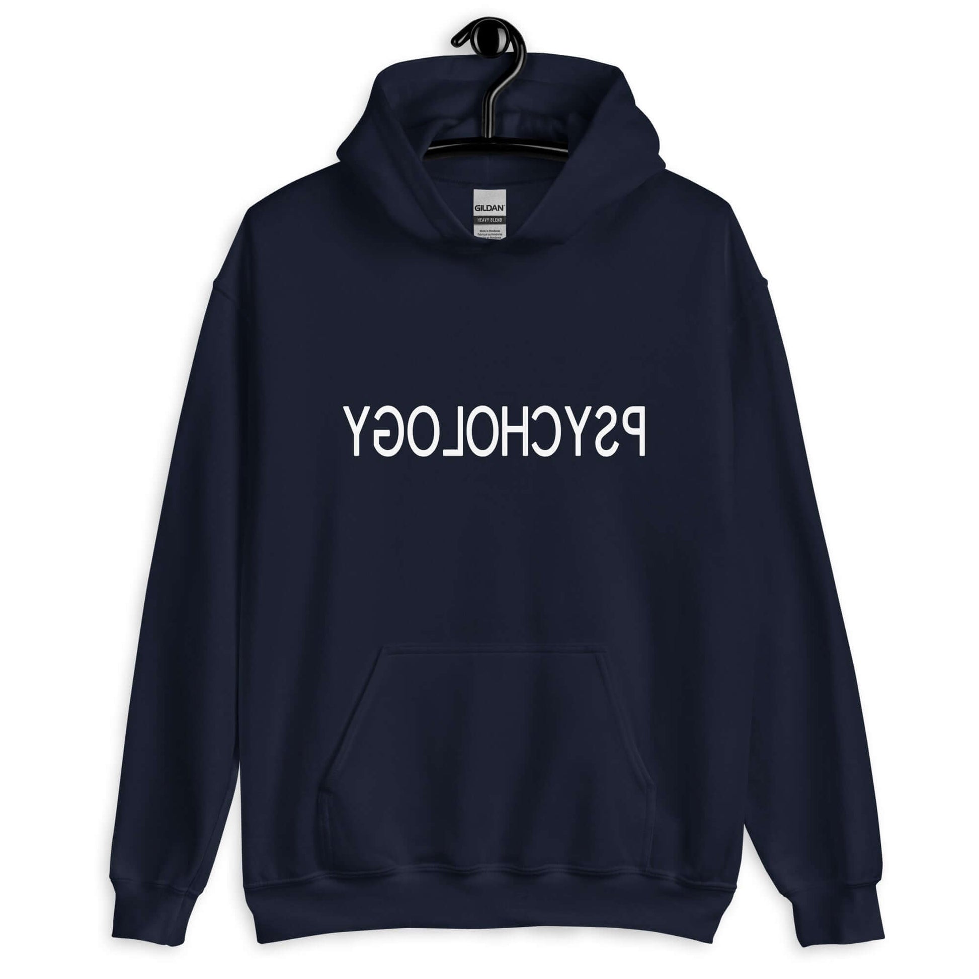 Navy hoodie sweatshirt with the word Psychology printed in reverse on the front.