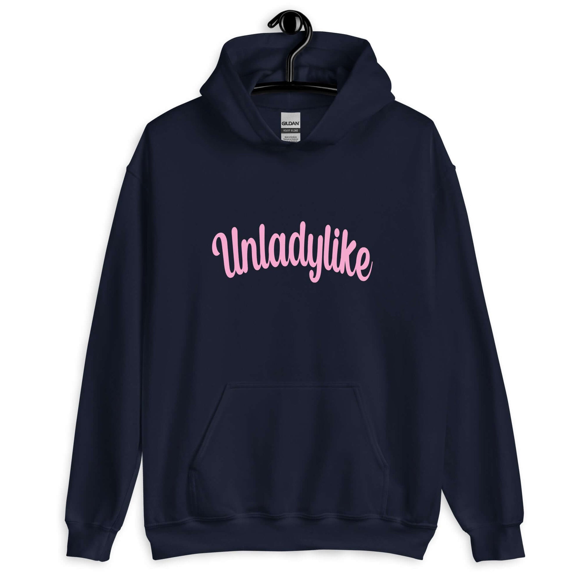 Navy blue hoodie sweatshirt with the word Unladylike printed on the front in pink.