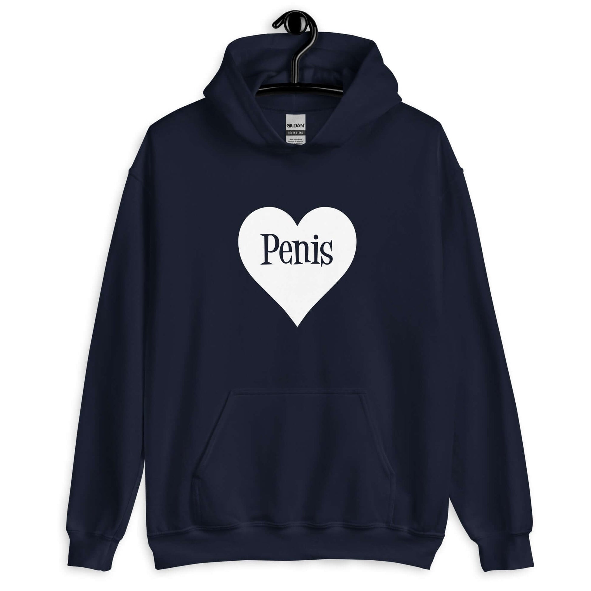 Navy blue hoodie sweatshirt with a heart image printed on the front. The word penis is inside the heart