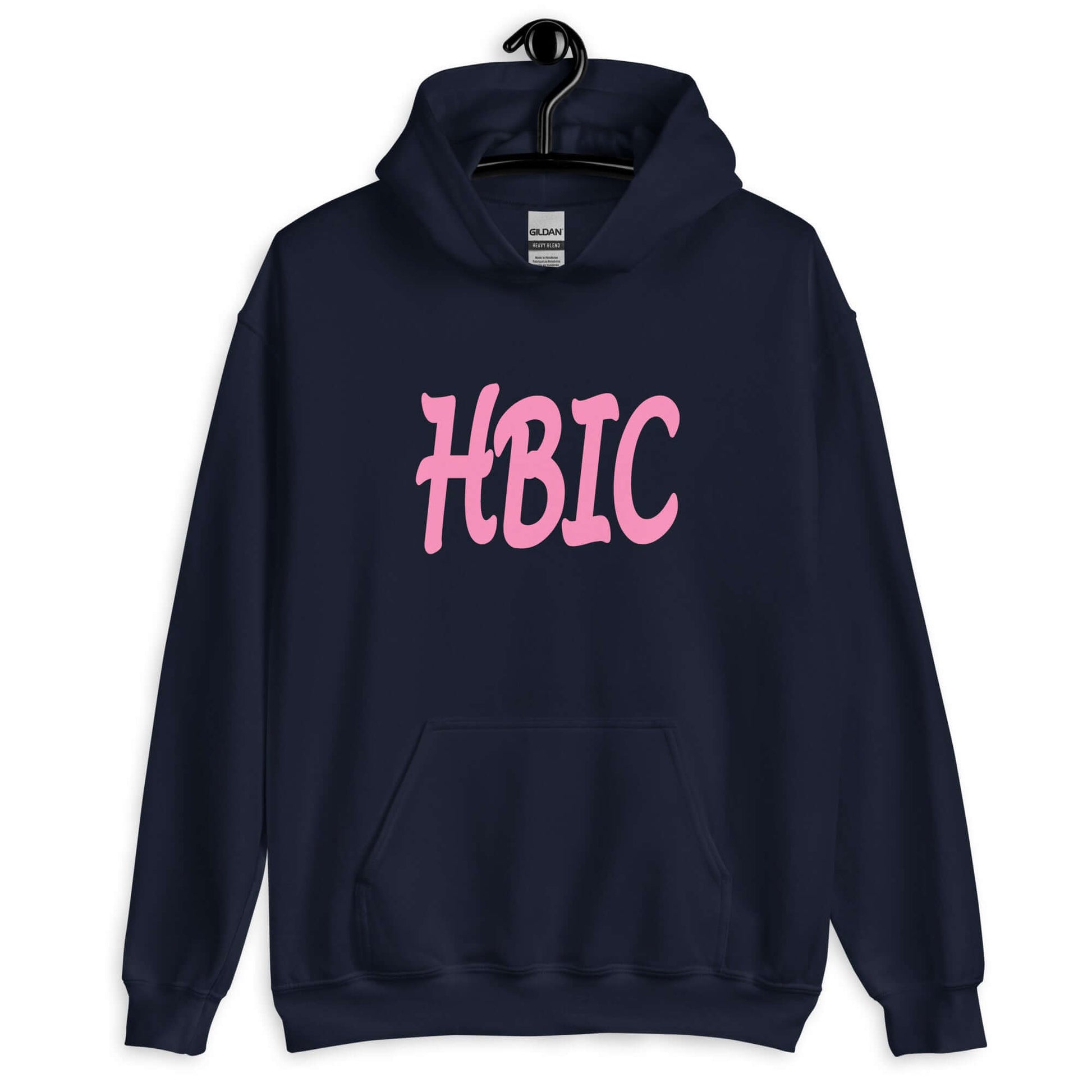 Navy blue hoodie sweatshirt with the acronym HBIC printed on the front in pink text.