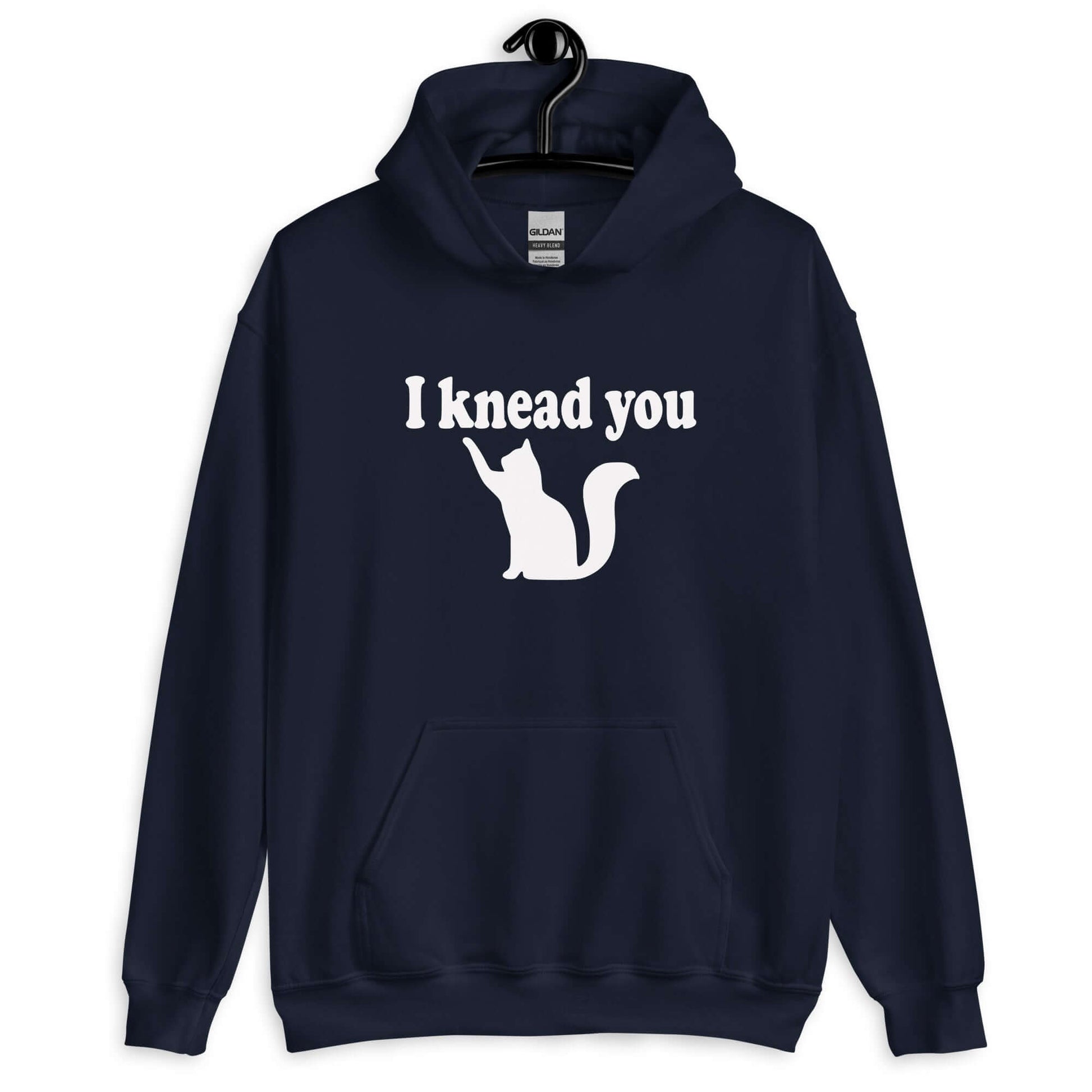 Navy blue hoodie sweatshirt that has an image of a silhouette of a cat and the words I knead you printed on the front.