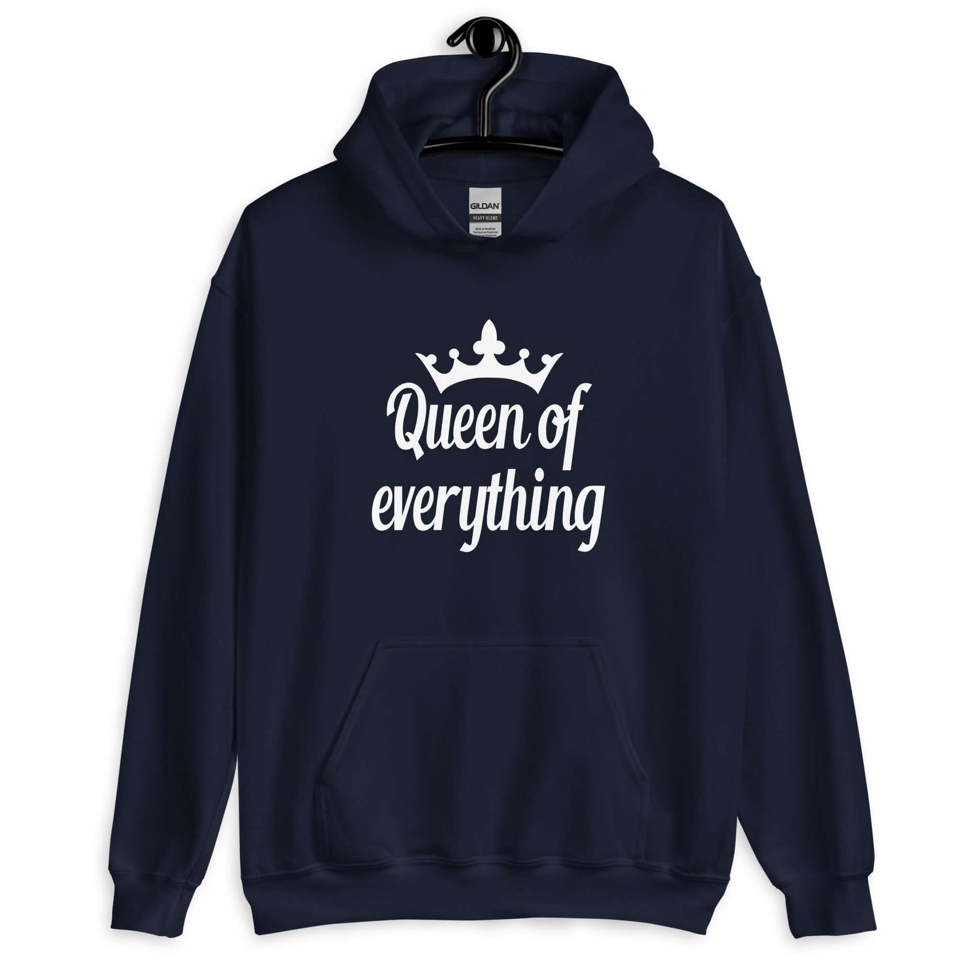 Navy blue hoodie sweatshirt with an image of a crown and the phrase Queen of everything printed on the front.