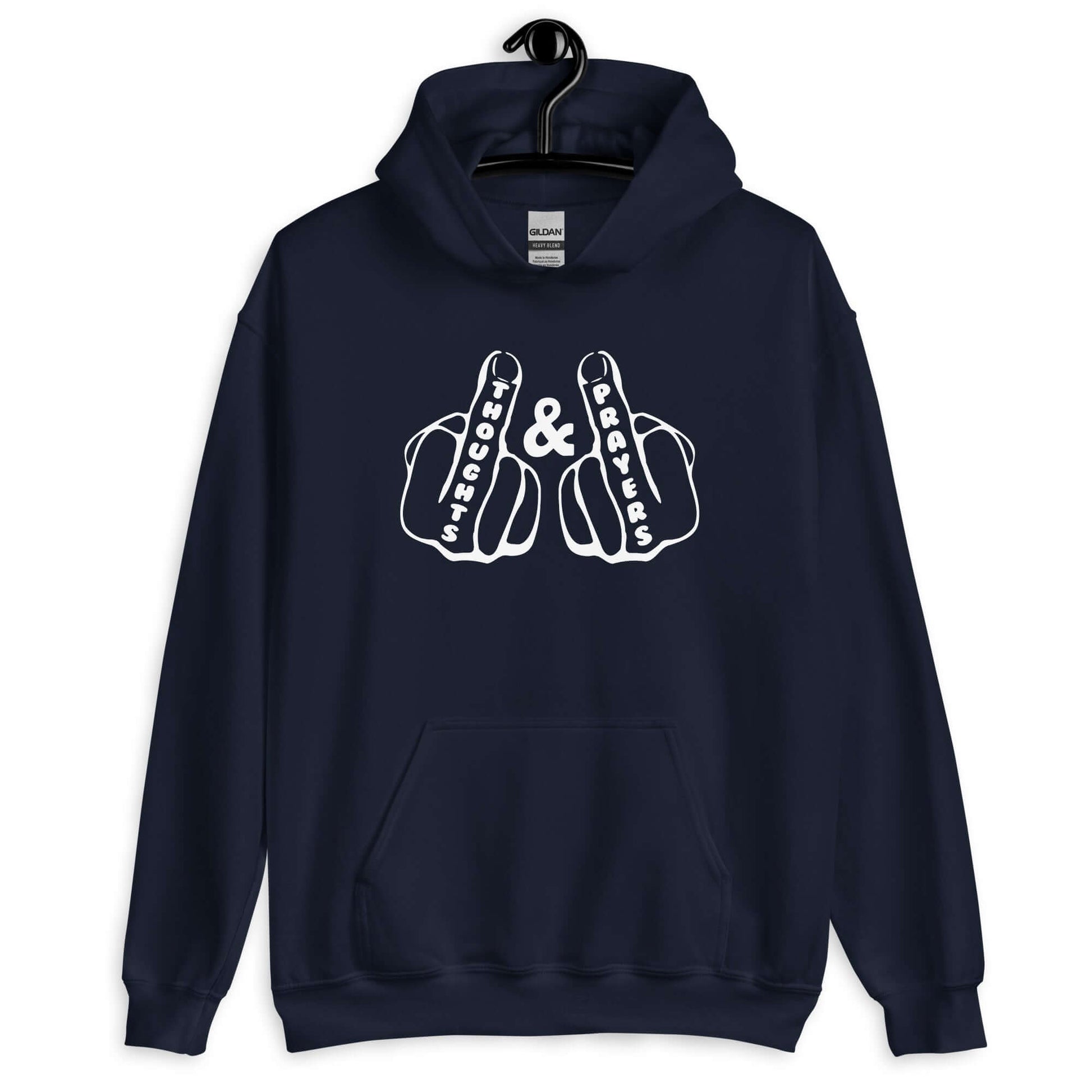 Navy blue hoodie sweatshirt with an image of 2 line drawing hands with the middle fingers up. The word Thoughts is printed on one middle finger and the word Prayers is printed on the other middle finger. The graphics are printed on the front of the hoodie