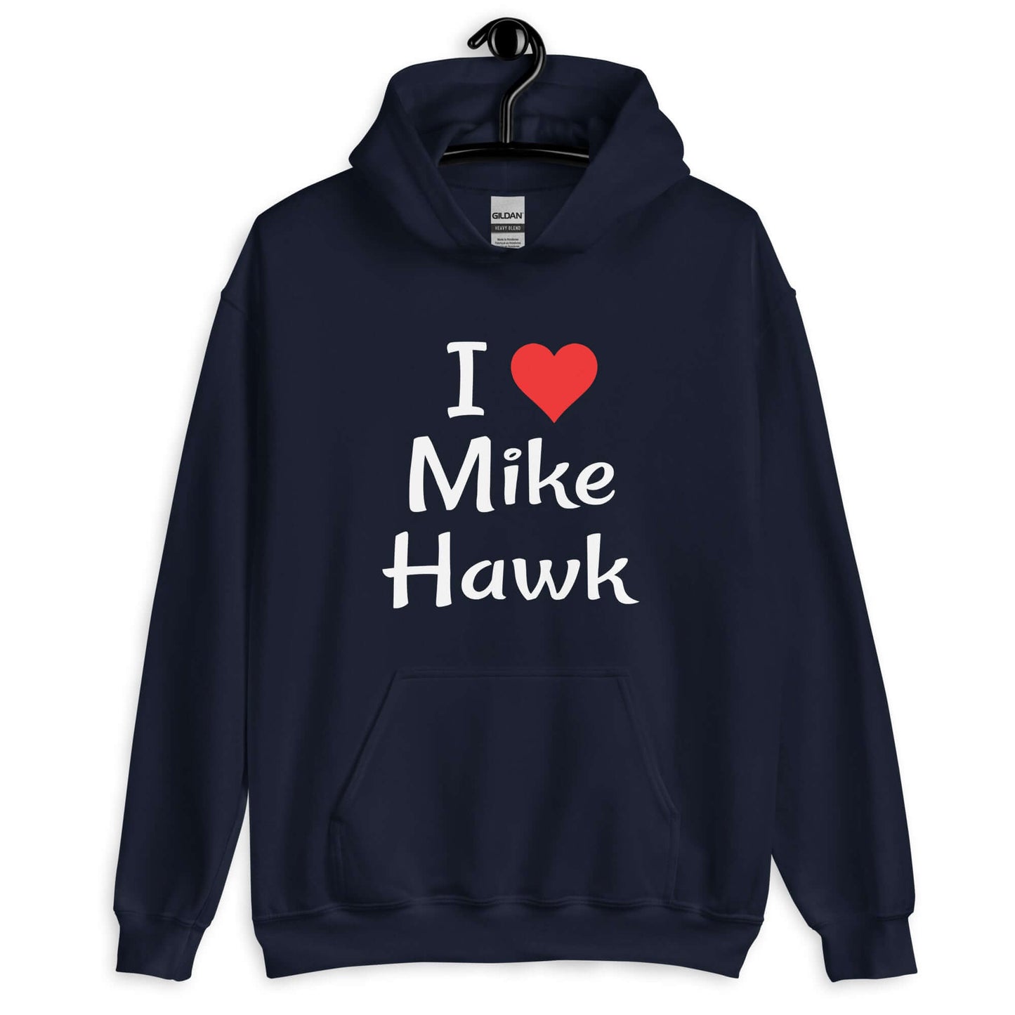 Navy blue hoodie sweatshirt with the pun I heart Mike Hawk printed on the front.