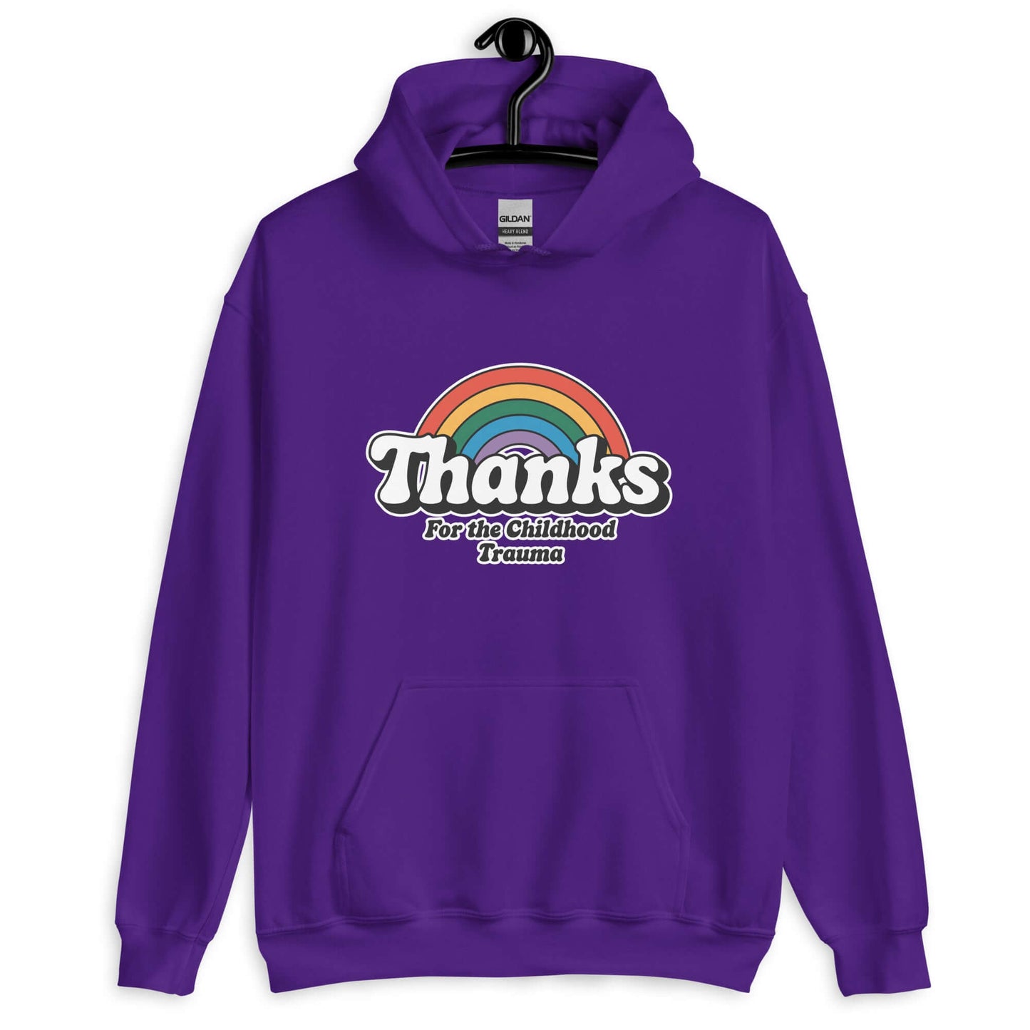 Purple hoodie sweatshirt with an image of a rainbow and the words Thanks for the childhood trauma printed on the front. The word Thanks is large and the rest of the words are smaller under.