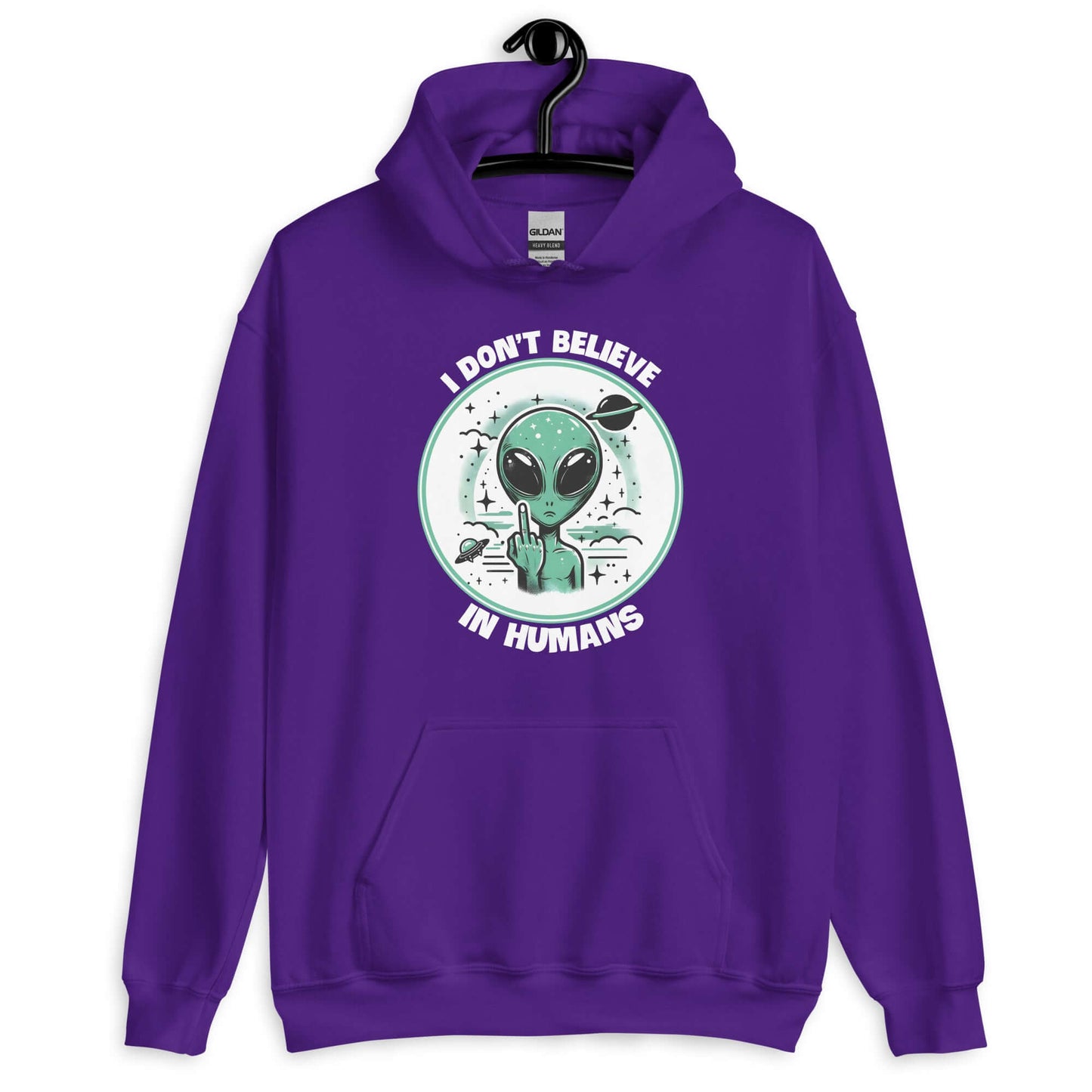 Purple hoodie sweatshirt with an image of an alien flipping the middle finger. The words I don't believe in humans are printed around the image. The graphics are printed on the front of the hoodie.