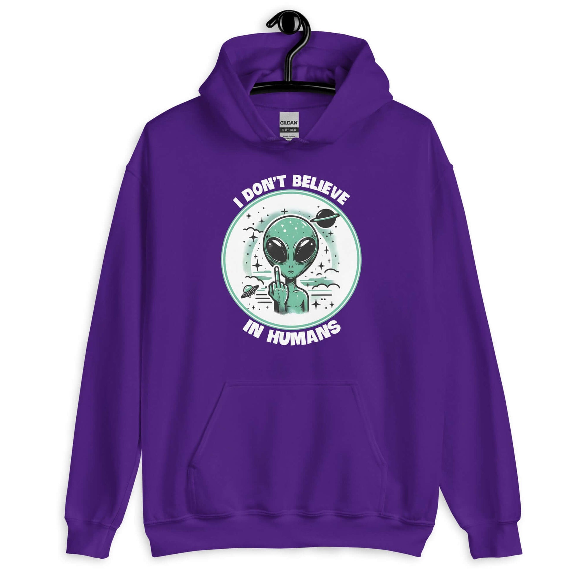 Purple hoodie sweatshirt with an image of an alien flipping the middle finger. The words I don't believe in humans are printed around the image. The graphics are printed on the front of the hoodie.