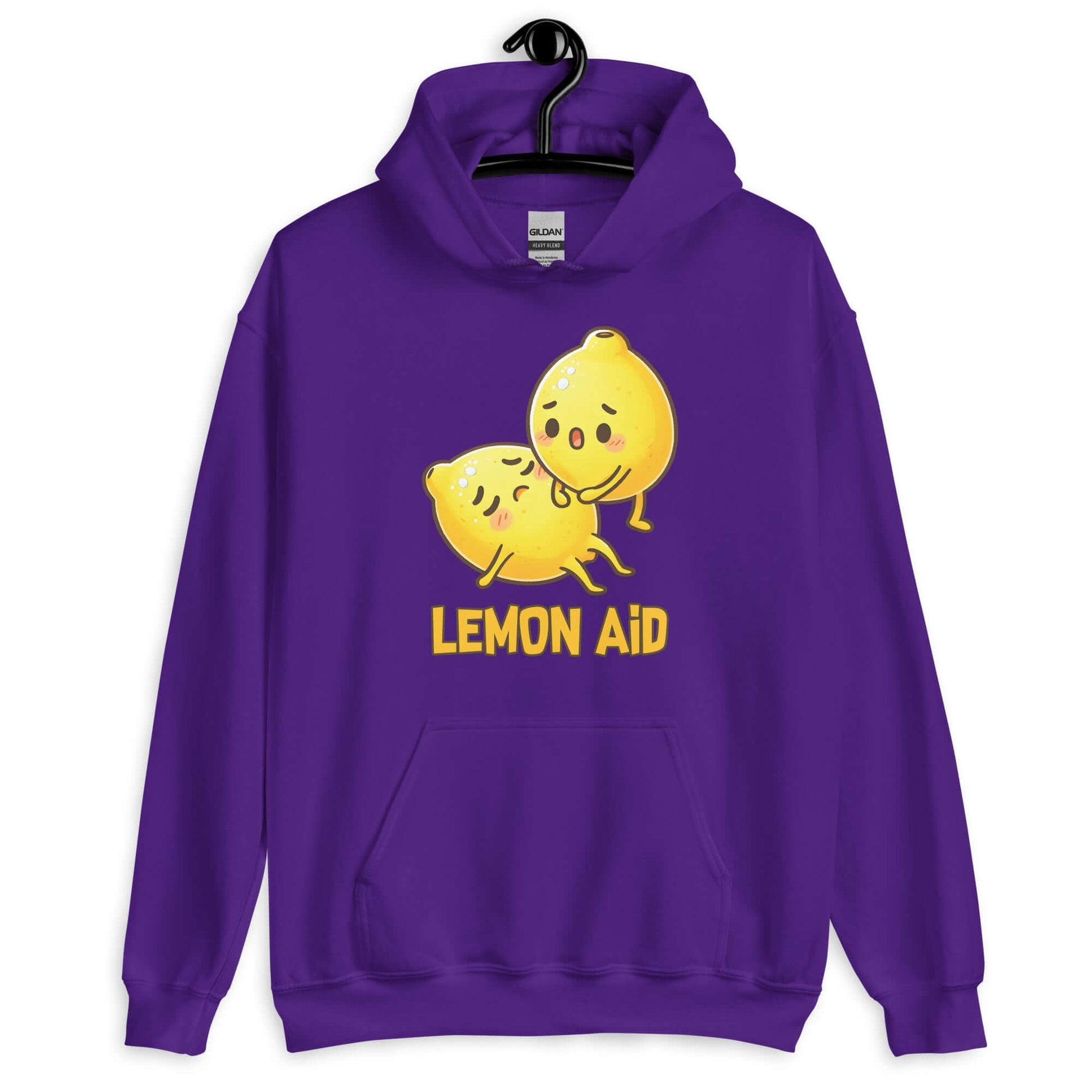 Purple hoodie sweatshirt with image of 2 cartoon lemons. One lemon is giving the other lemon CPR. The words Lemon Aid is under the lemons. The graphic is printed on the front.