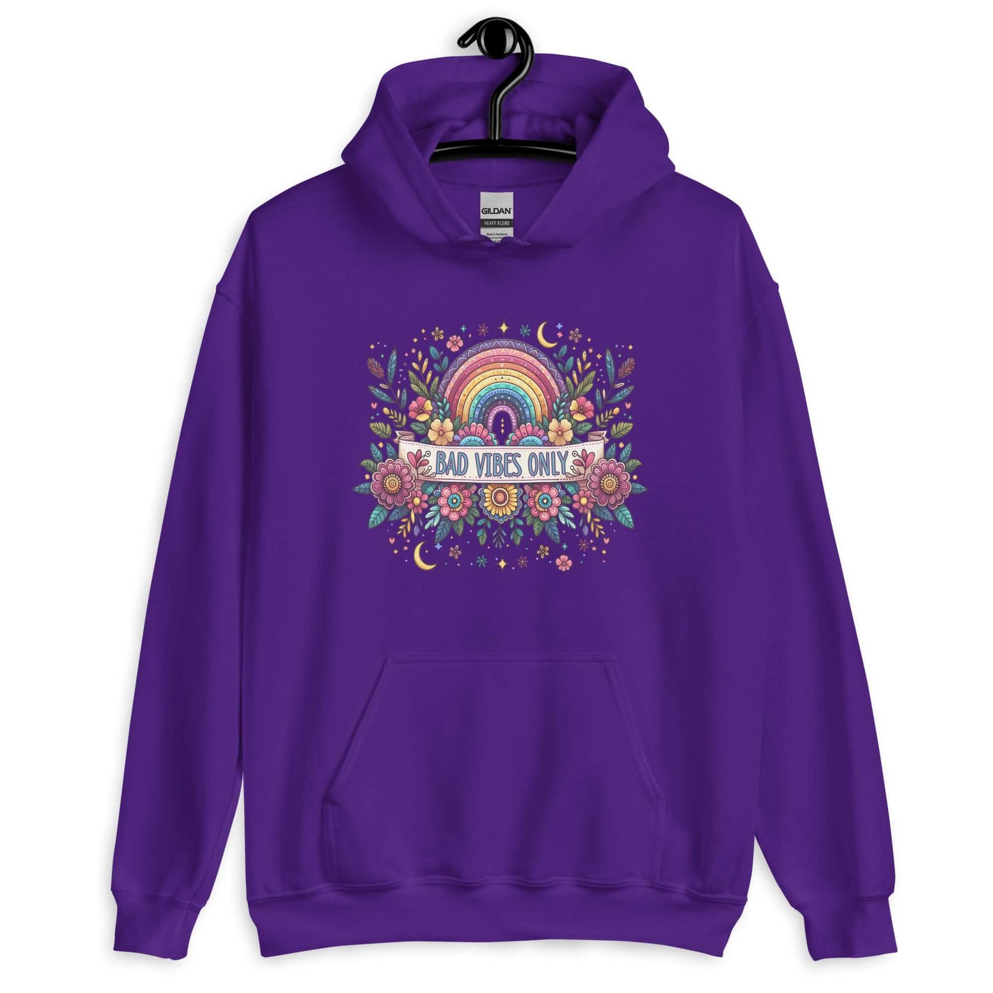 Purple hoodie sweatshirt with a colorful boho rainbow floral design and the phrase Bad Vibes Only printed on the front.