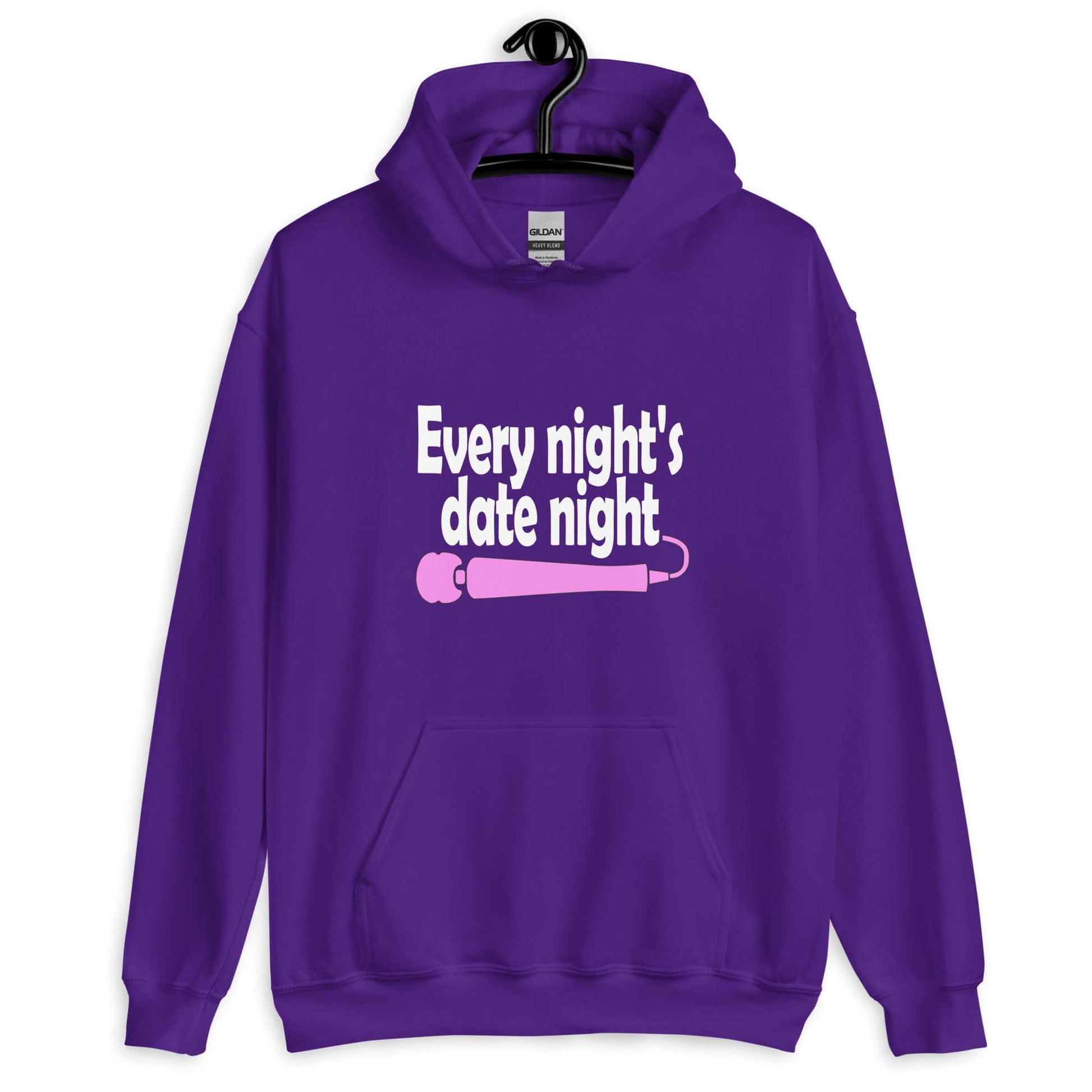 Purple hoodie sweatshirt with the phrase Every night is date night with a hot pink wand vibrator printed beneath. The graphics are printed on the front of the hoodie.