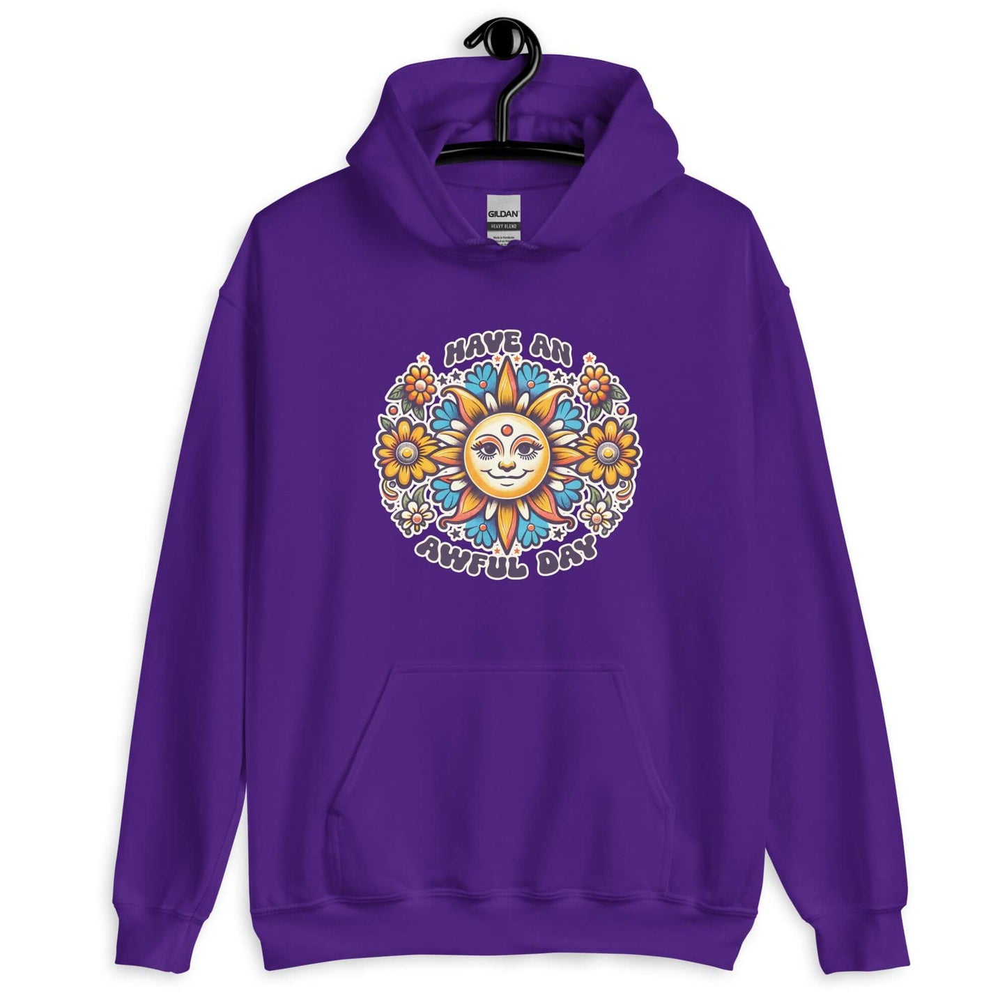 Purple hoodie sweatshirt with a sun graphic and the phrase Have an awful day printed on the front.