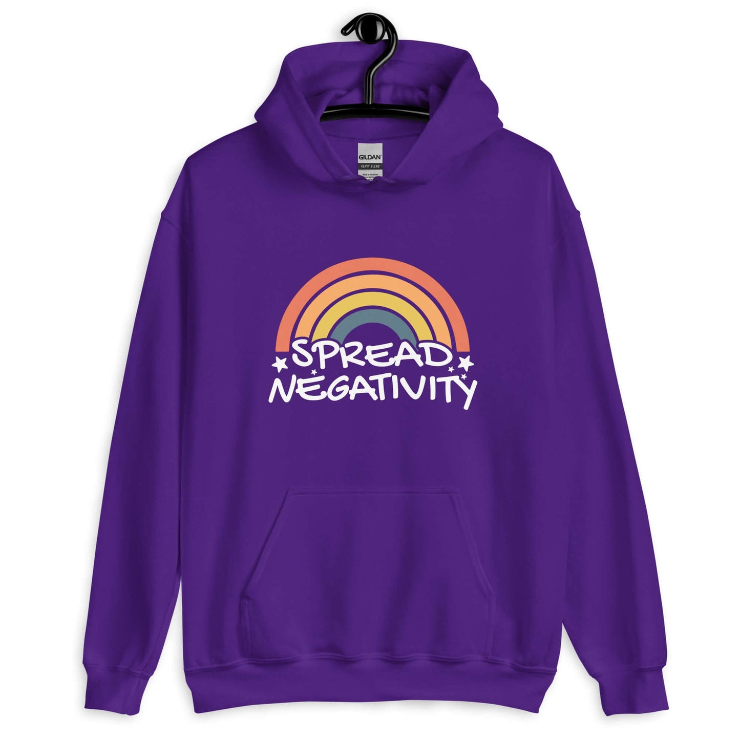Purple hoodie sweatshirt with a graphic of a rainbow and the words Spread negativity printed on the front.
