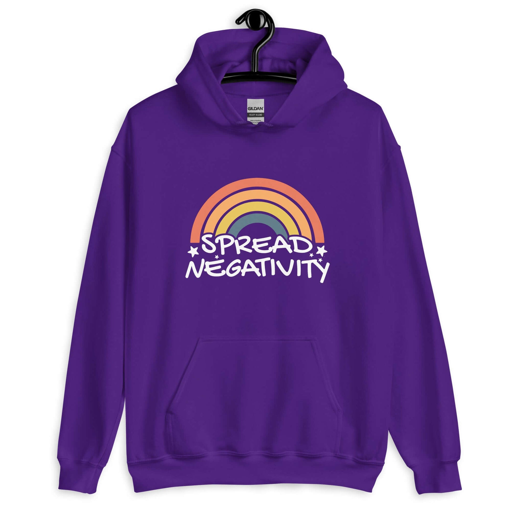 Purple hoodie sweatshirt with a graphic of a rainbow and the words Spread negativity printed on the front.