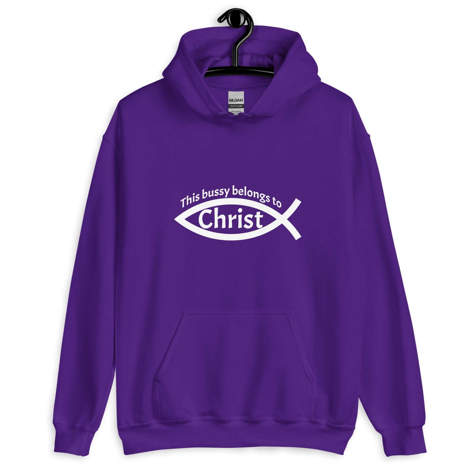 Purple hoodie sweatshirt with This bussy belongs to Christ inside of a Christian fish symbol printed on the front.