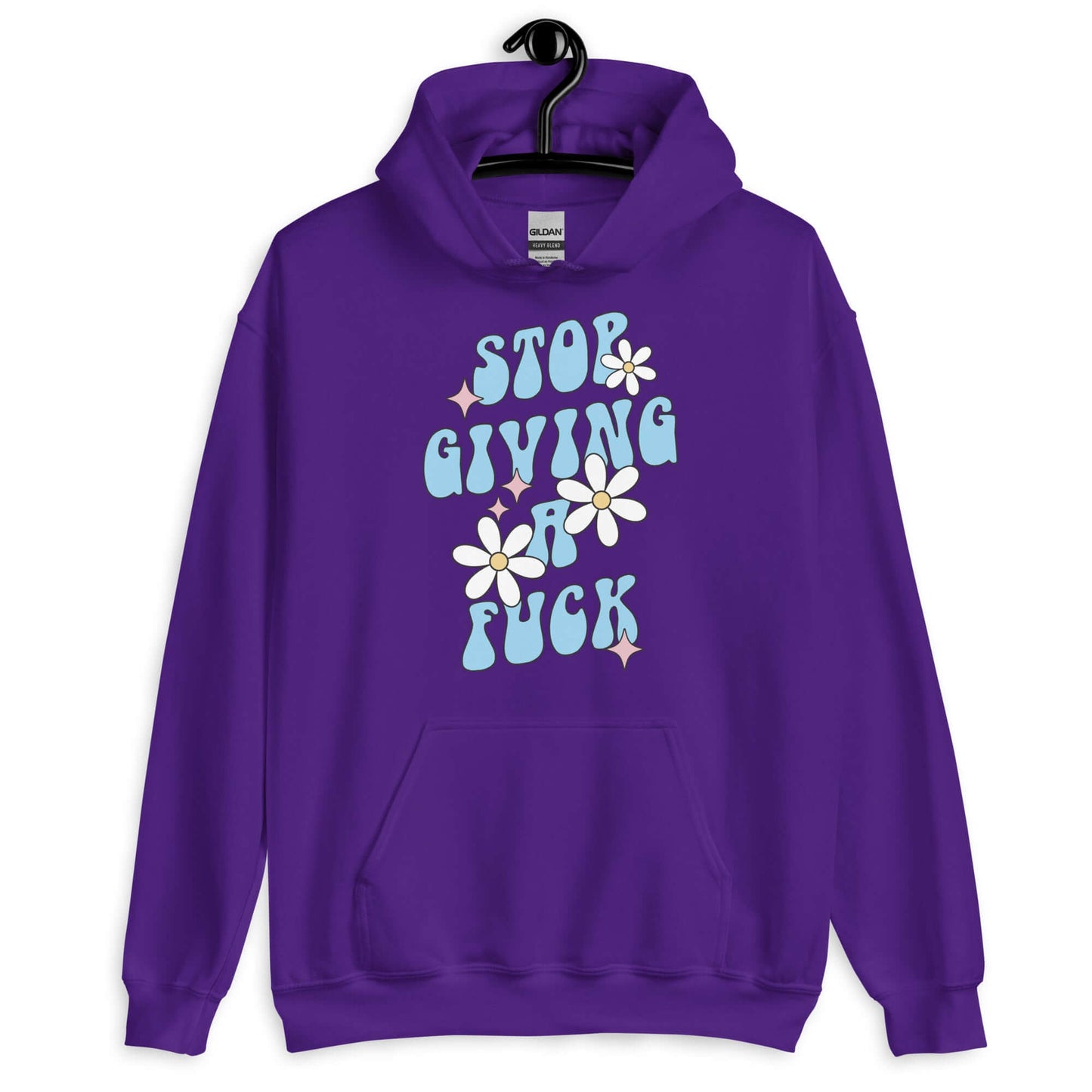 Purple hoodie sweatshirt with a retro daisy and star design and the phrase Stop giving a fuck printed on the front.