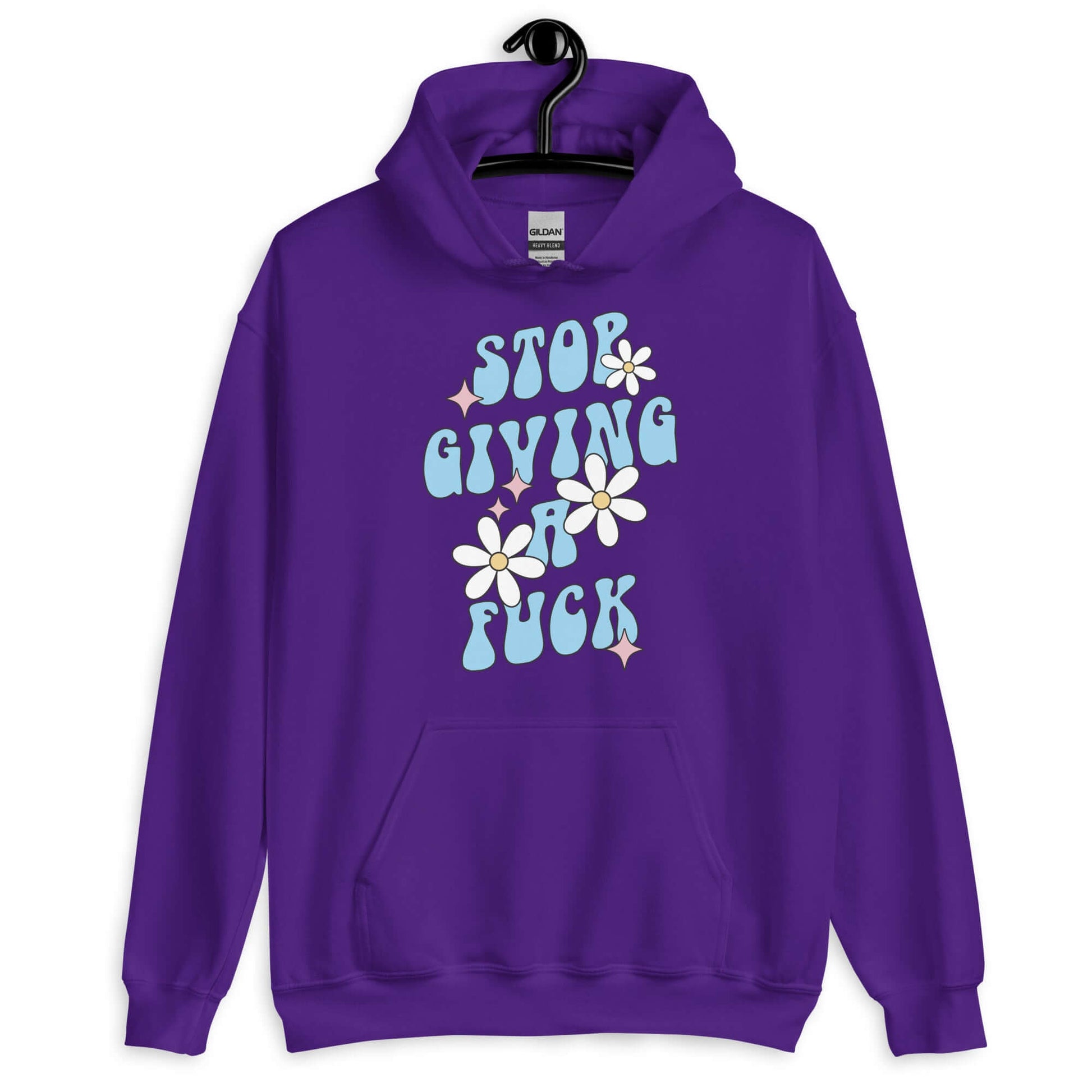 Purple hoodie sweatshirt with a retro daisy and star design and the phrase Stop giving a fuck printed on the front.