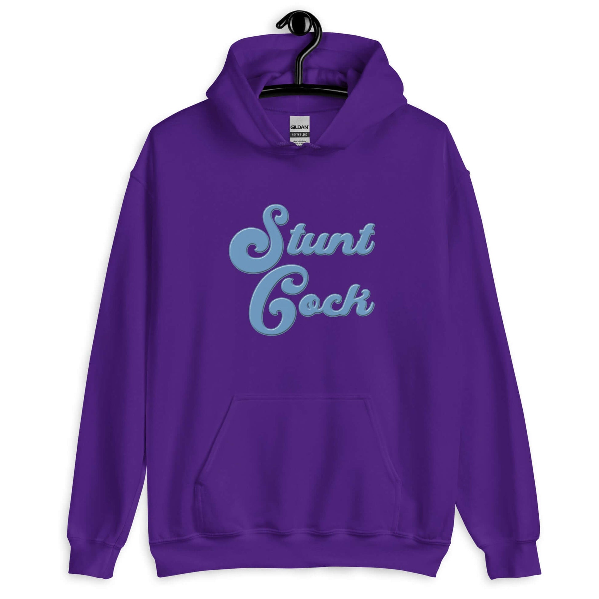 Purple hoodie sweatshirt with the words Stunt Cock printed on the front in blue.