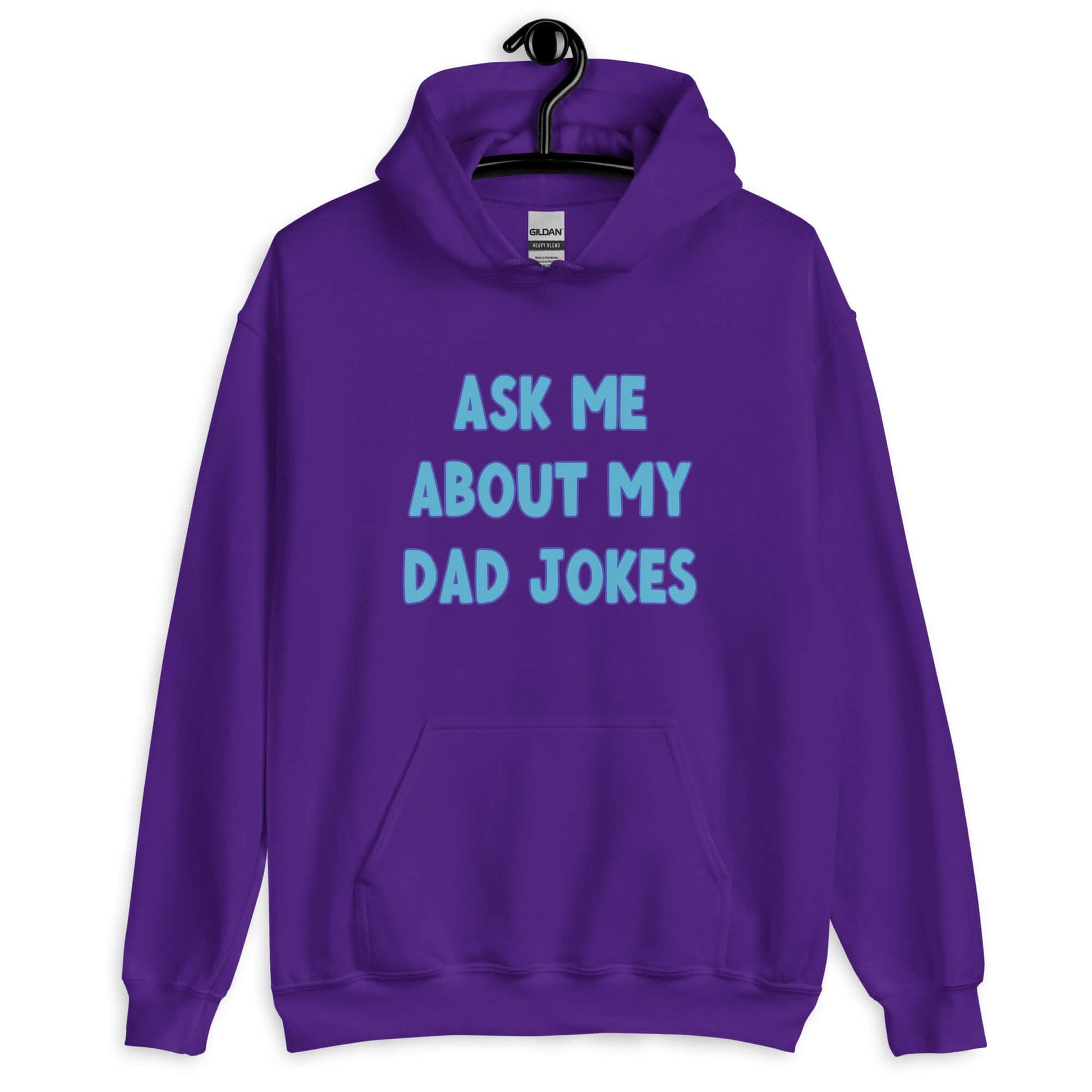 Purple hoodie sweatshirt with the words Ask me about my Dad jokes printed on the front.