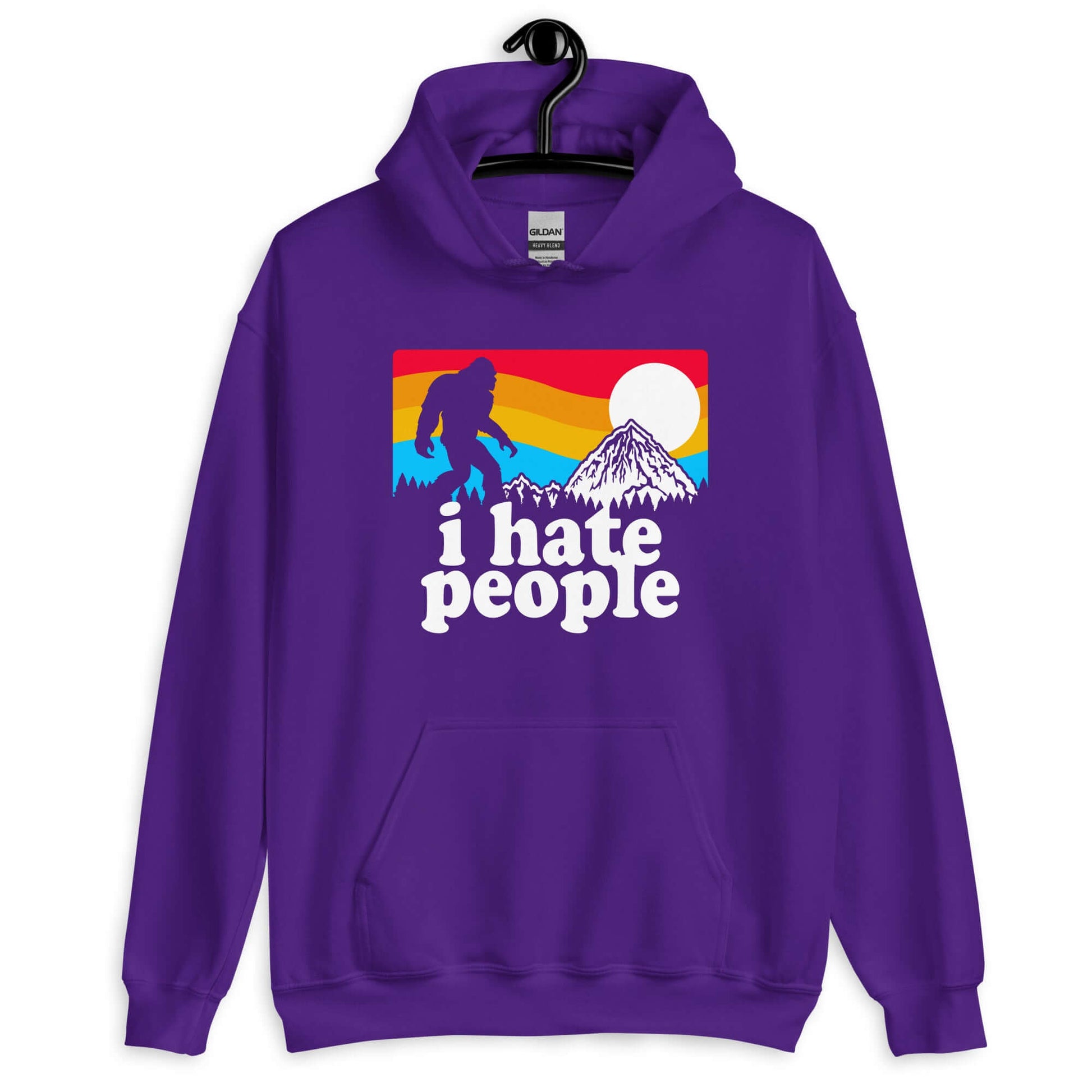 Purple hoodie sweatshirt with graphic of Bigfoot walking into the sunset with the words I hate people printed on the front.