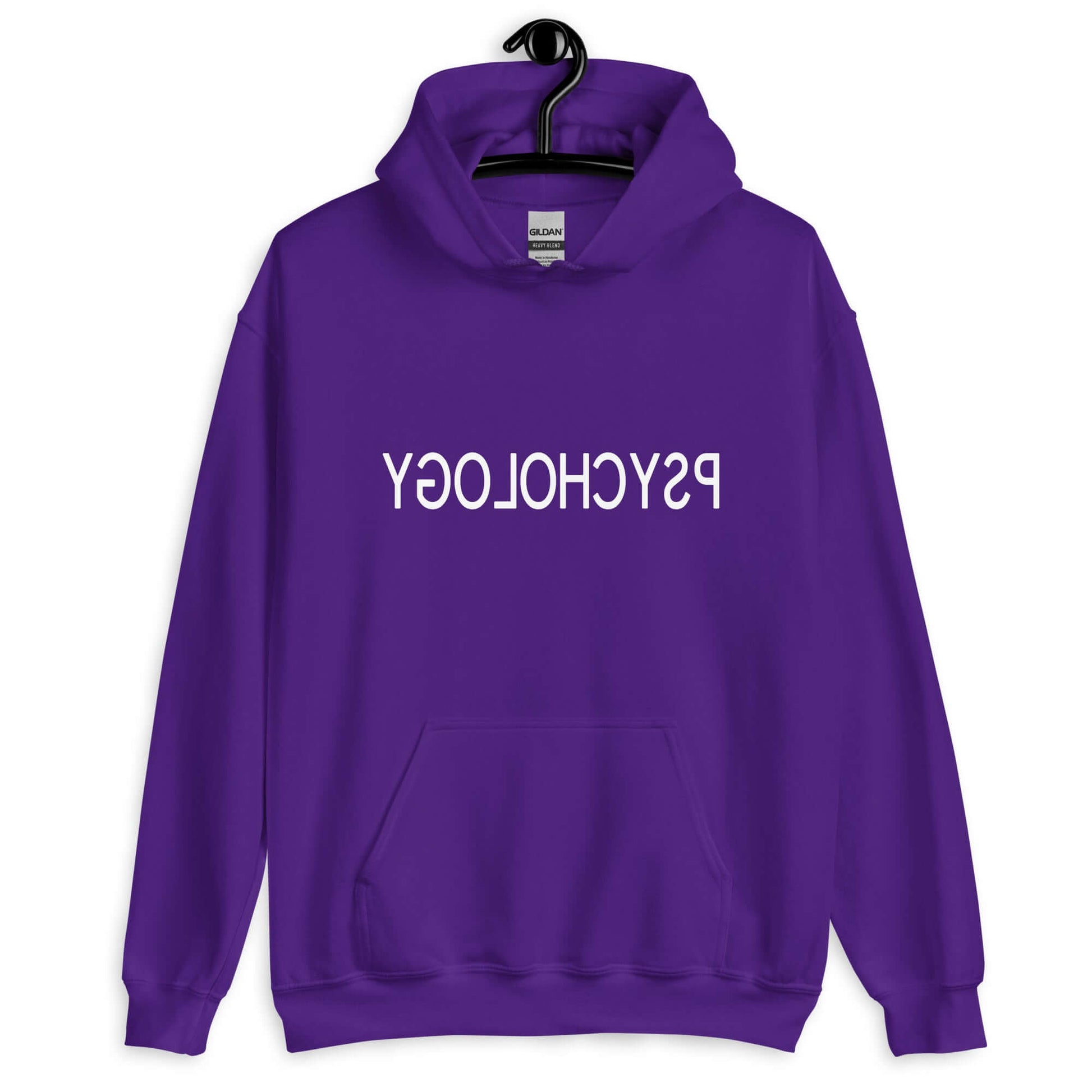 Purple hoodie sweatshirt with the word Psychology printed in reverse on the front.