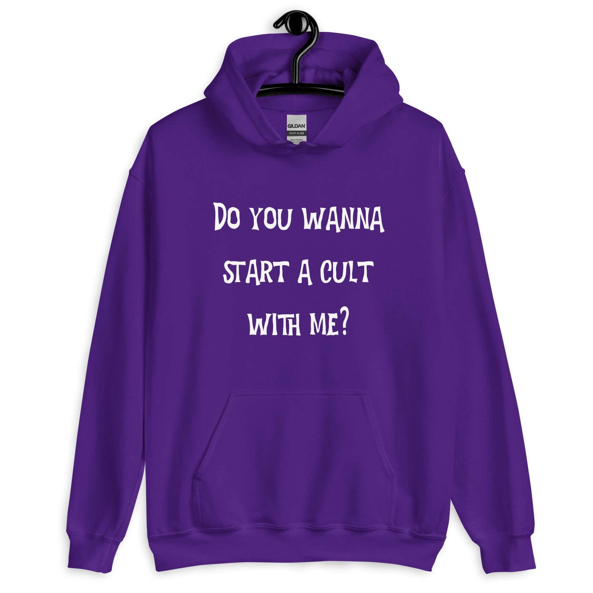 Purple hoodie sweatshirt with the question Do you wanna start a cult with me printed on the front.