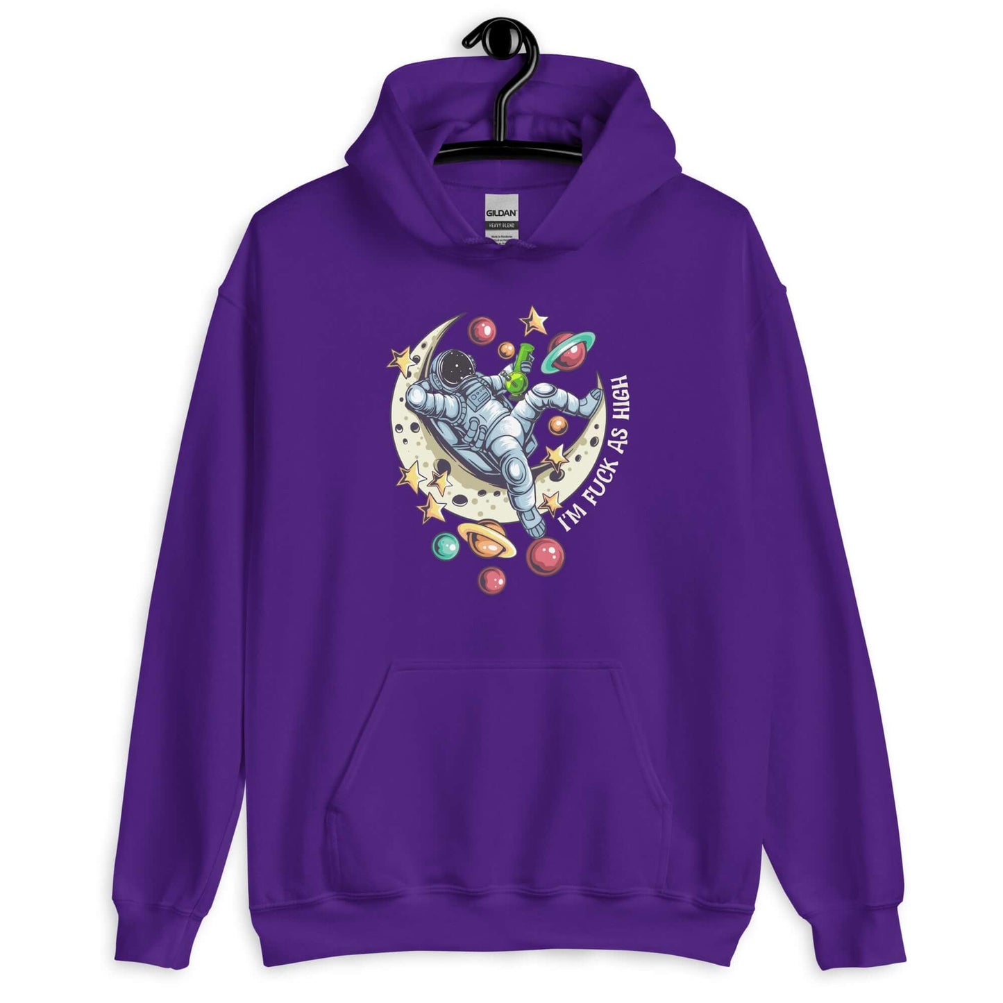 Purple hoodie sweatshirt with graphic of an astronaut sitting on the moon while smoking a bong with the words I'm fuck as high printed on the front.