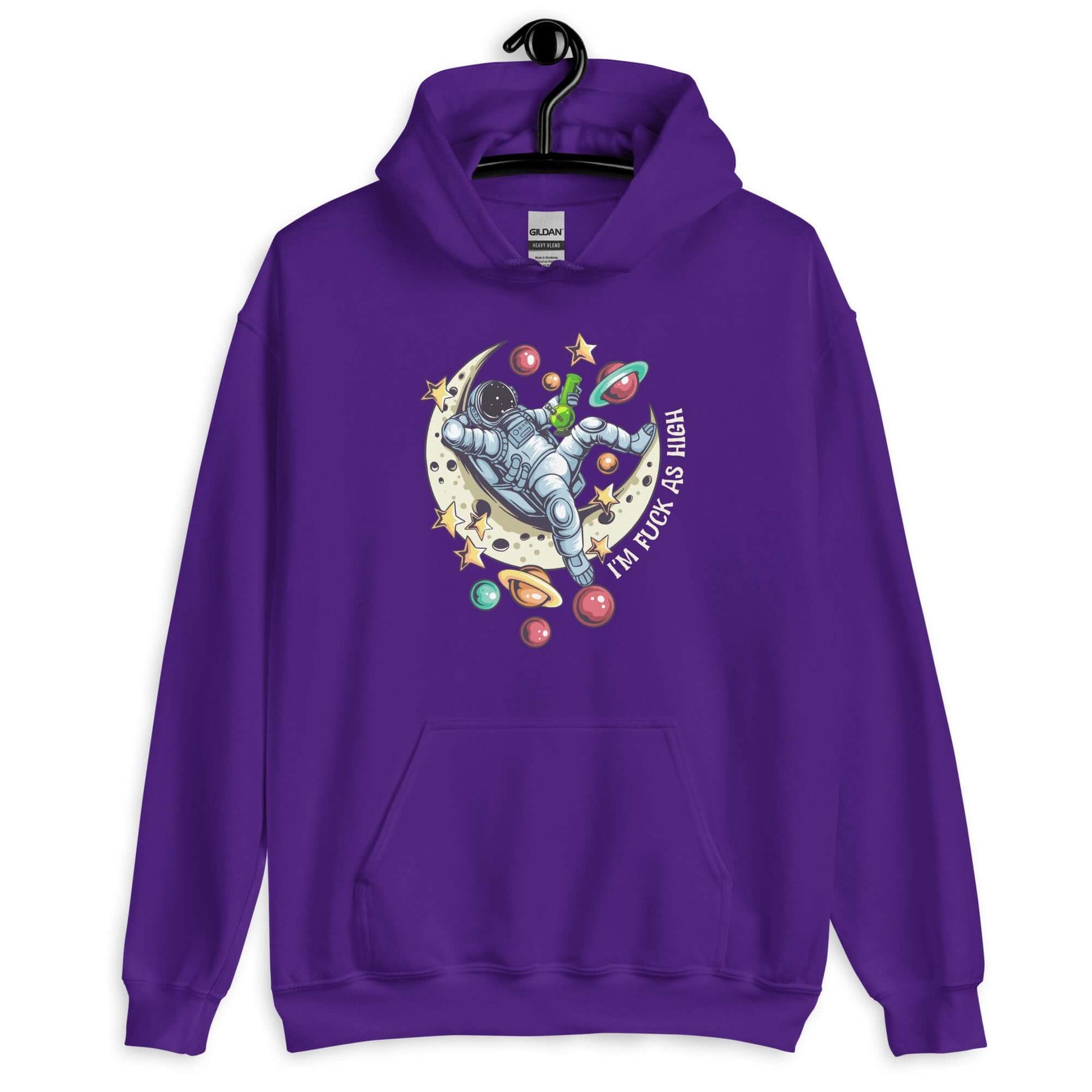 Purple hoodie sweatshirt with graphic of an astronaut sitting on the moon while smoking a bong with the words I'm fuck as high printed on the front.
