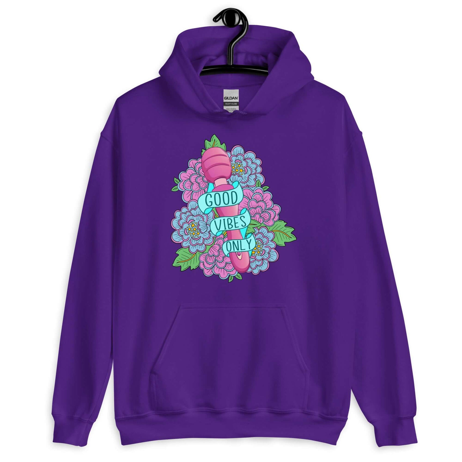 Purple hoodie sweatshirt with graphic design that has the words Good vibes only layered over a pink wand vibrator with flowers around. The graphic design is printed on the front of the hoodie.