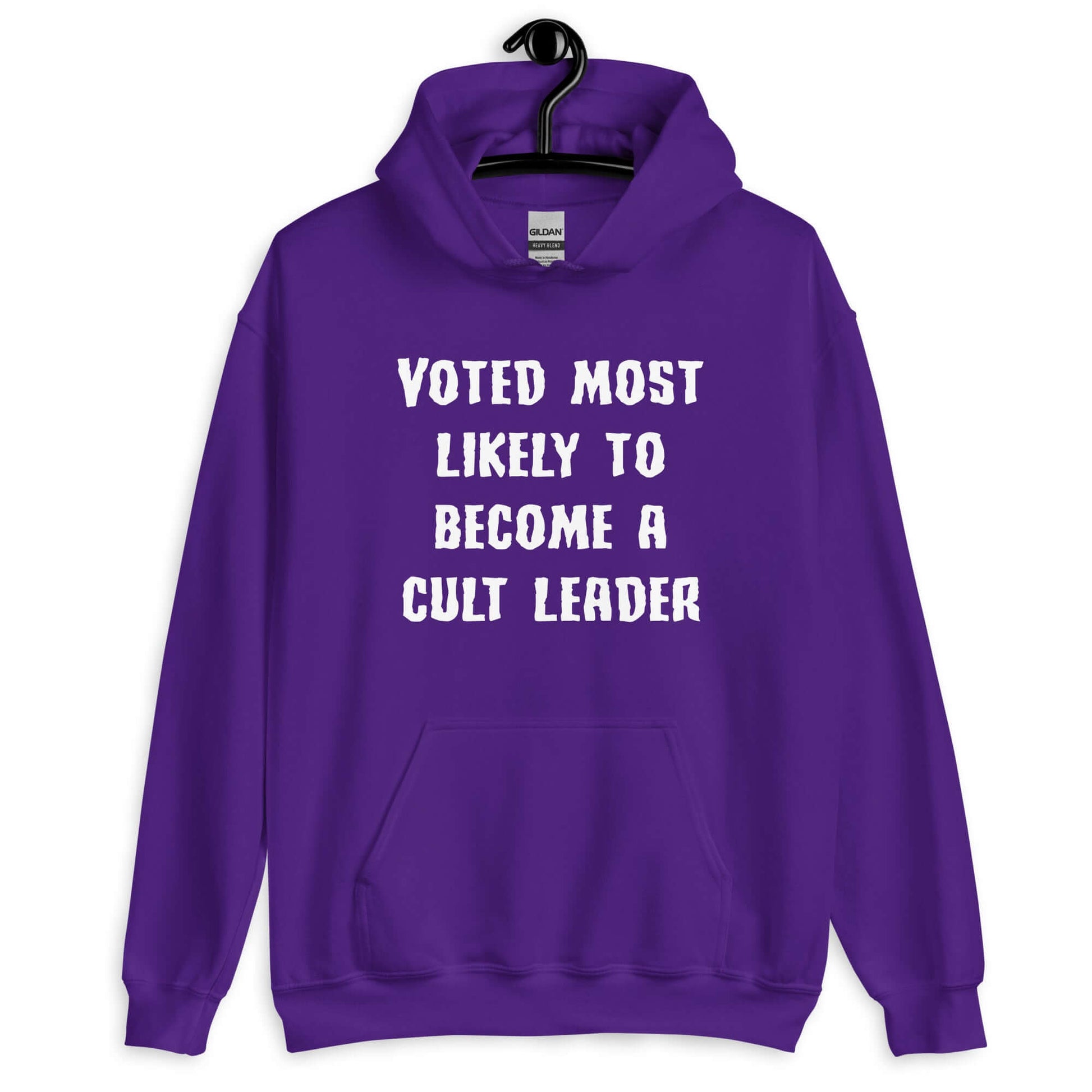 Purple hoodie sweatshirt with the phrase Voted most likely to become a cult leader printed on the front.