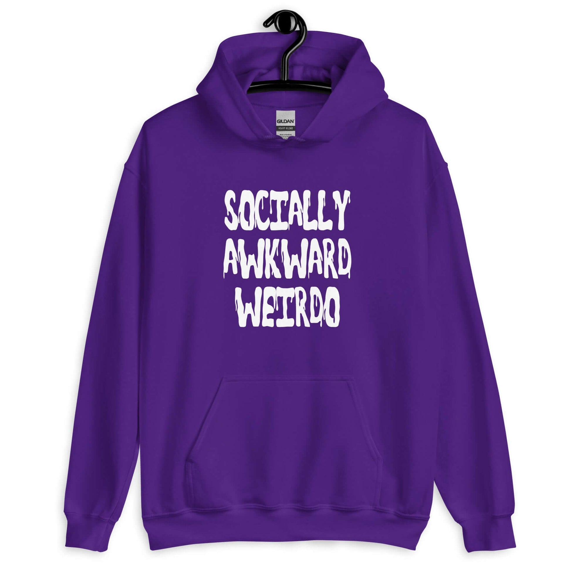 Purple hoodie sweatshirt with the phrase Socially awkward weirdo printed on the front.