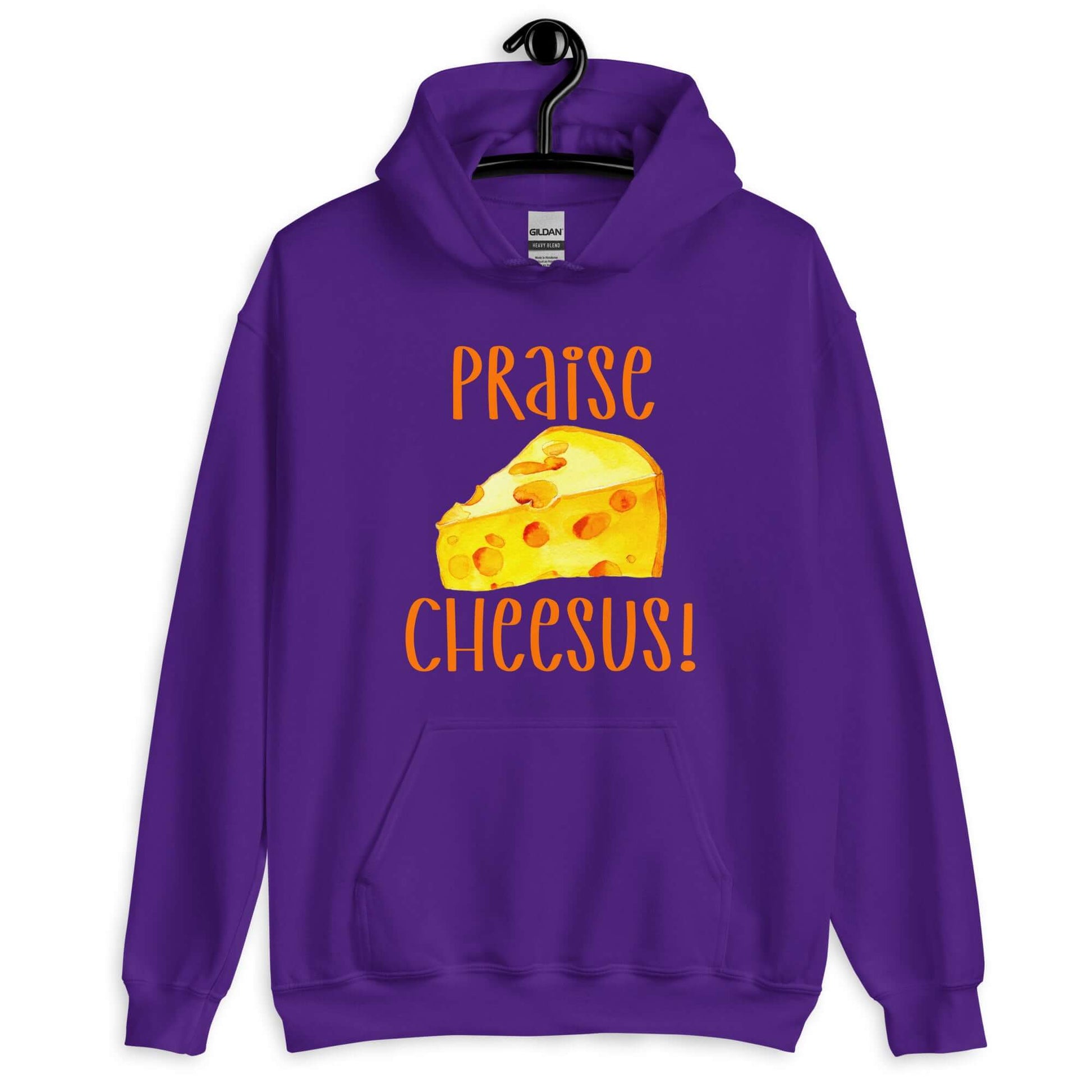 Purple hoodie sweatshirt with funny graphics of a piece of swiss cheese and the words Praise Cheesus printed on the front of the hoodie in yellow and orange.
