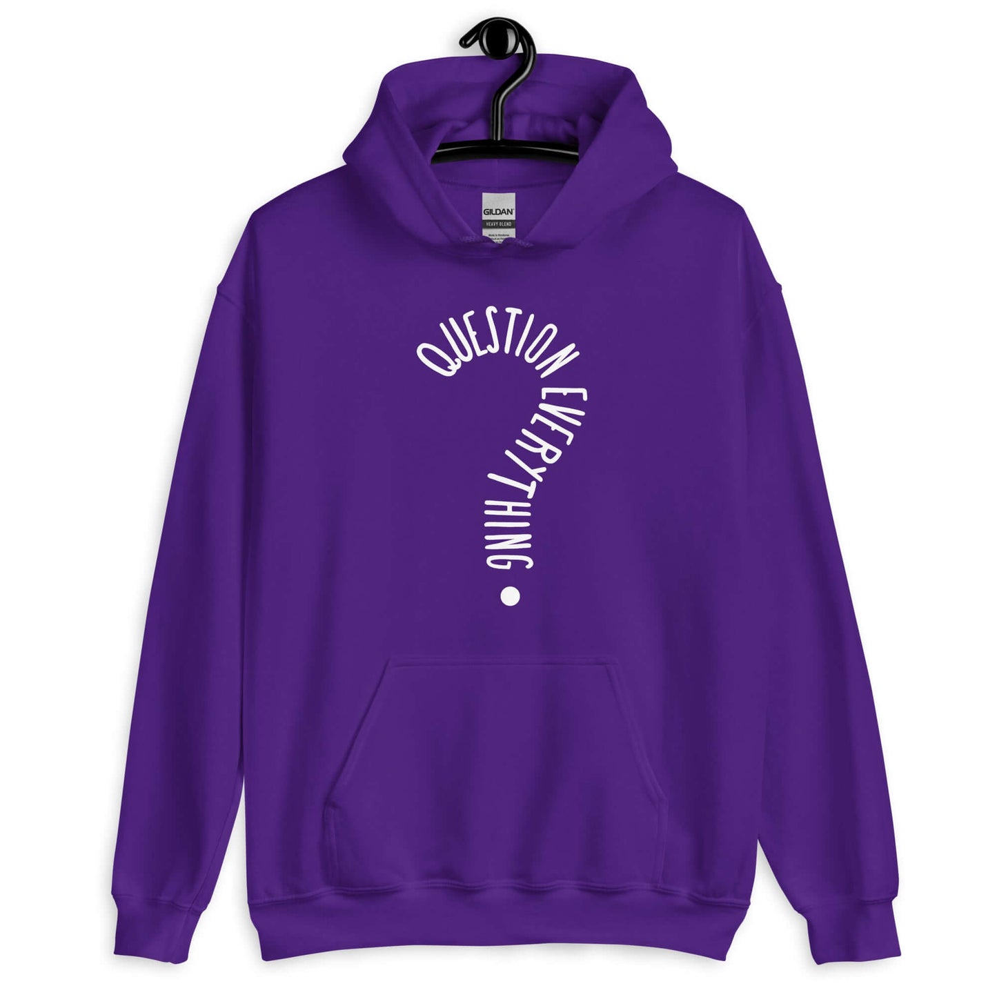 Purple hoodie sweatshirt with the words Question everything printed on the front. The words are in the shape of a question mark.