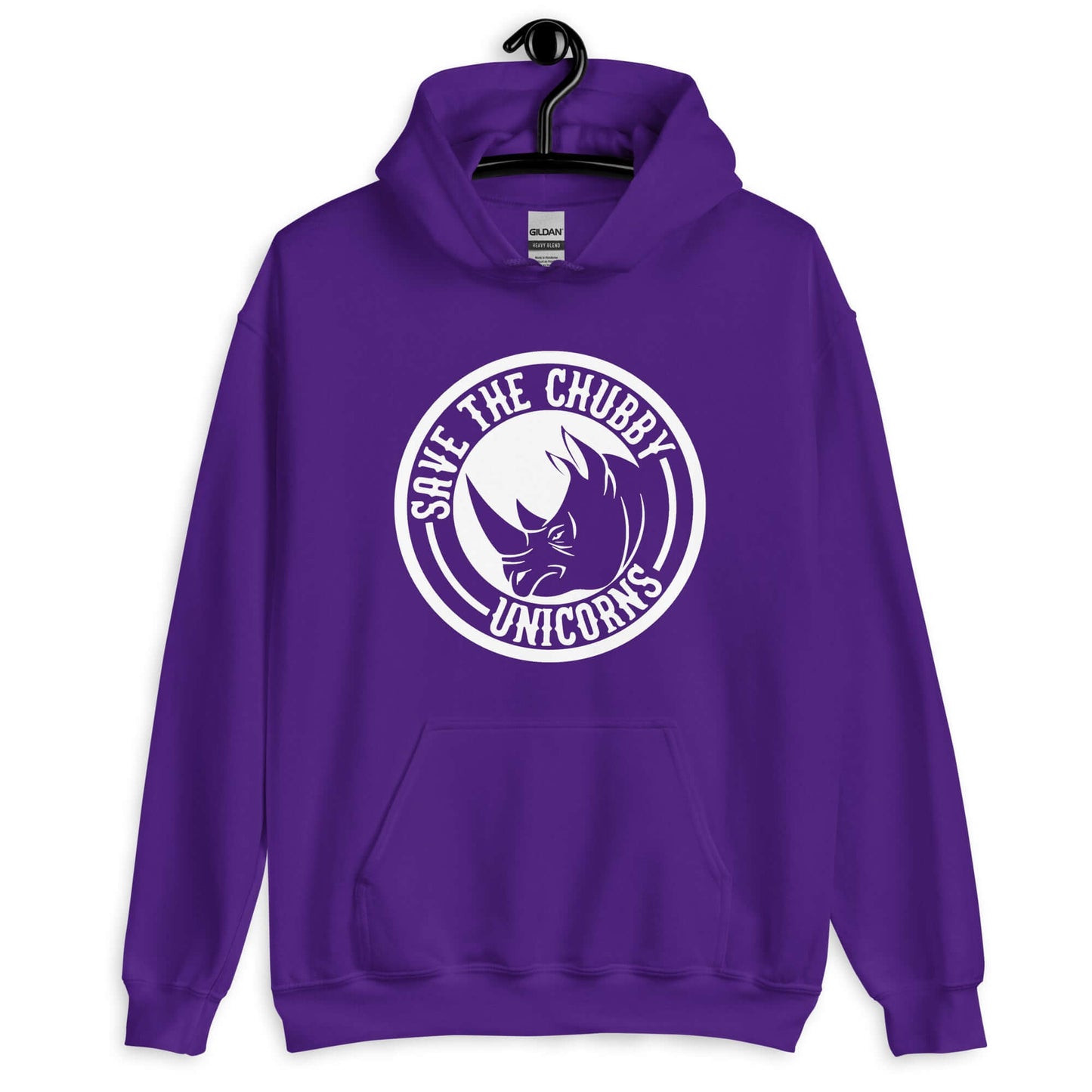 Purple hoodie sweatshirt with a funny graphic of a rhinoceros & the words Save the chubby unicorns printed on the front.