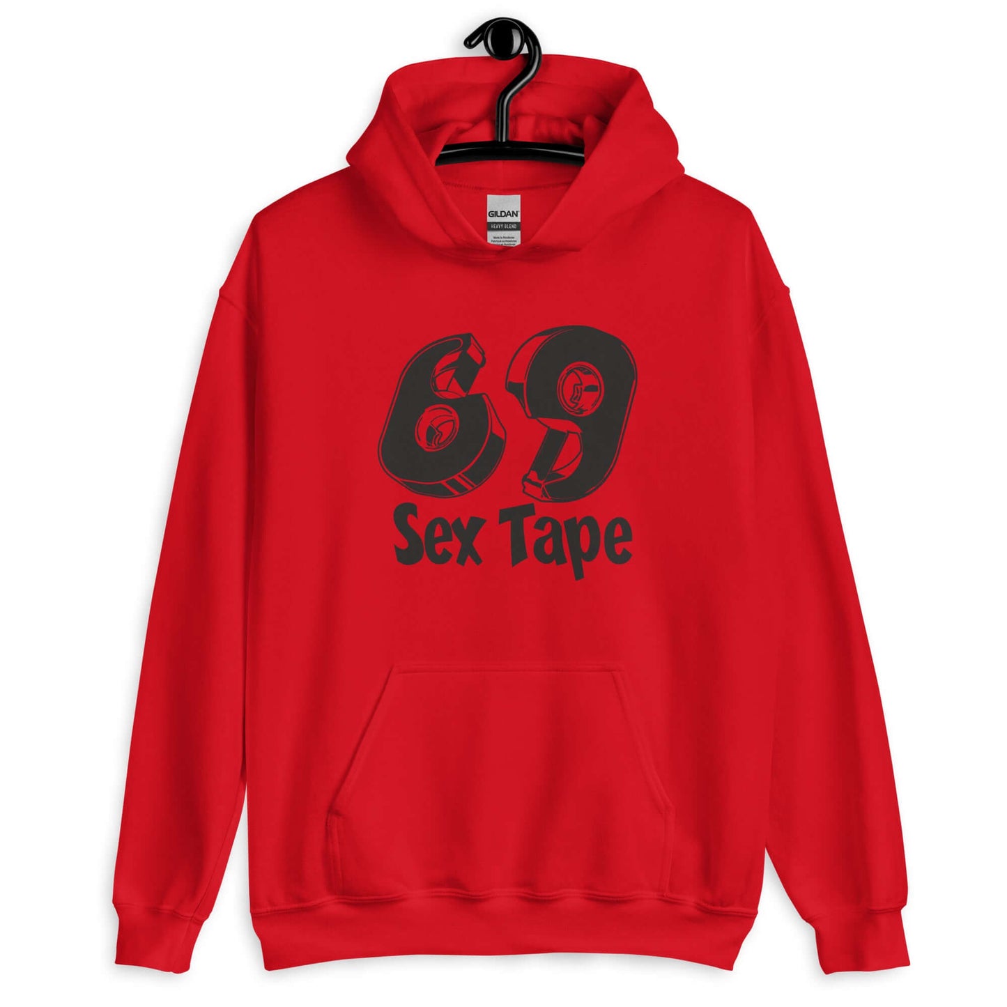 Red hoodie sweatshirt with image of 2 tape dispensers forming the numbers 6 and 9. The words Sex Tape are printed below the tape. The graphics are printed on the front of the hoodie.