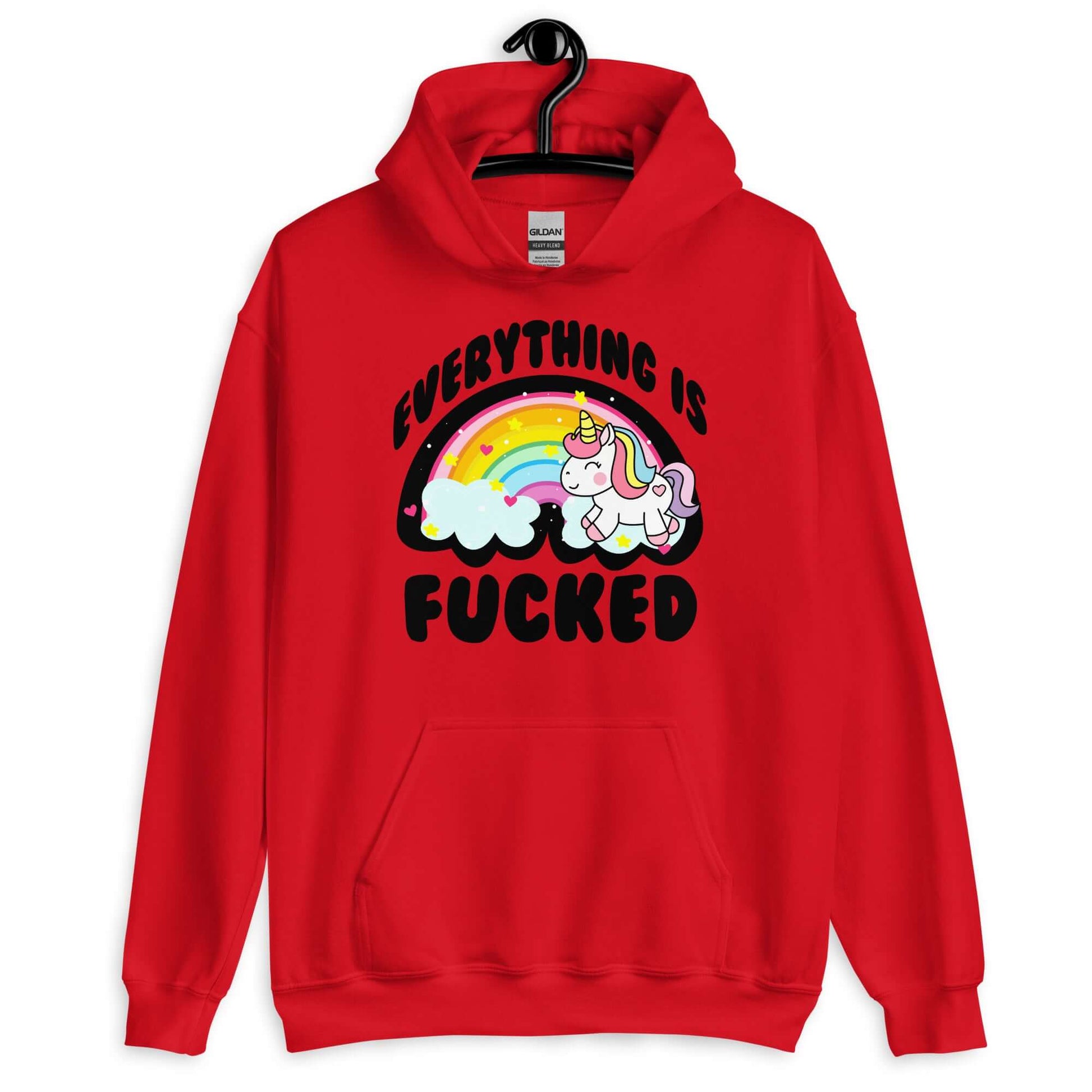 Red hoodie sweatshirt with a graphic of a kawaii style unicorn and a pastel rainbow with the words Everything is fucked printed on the front.