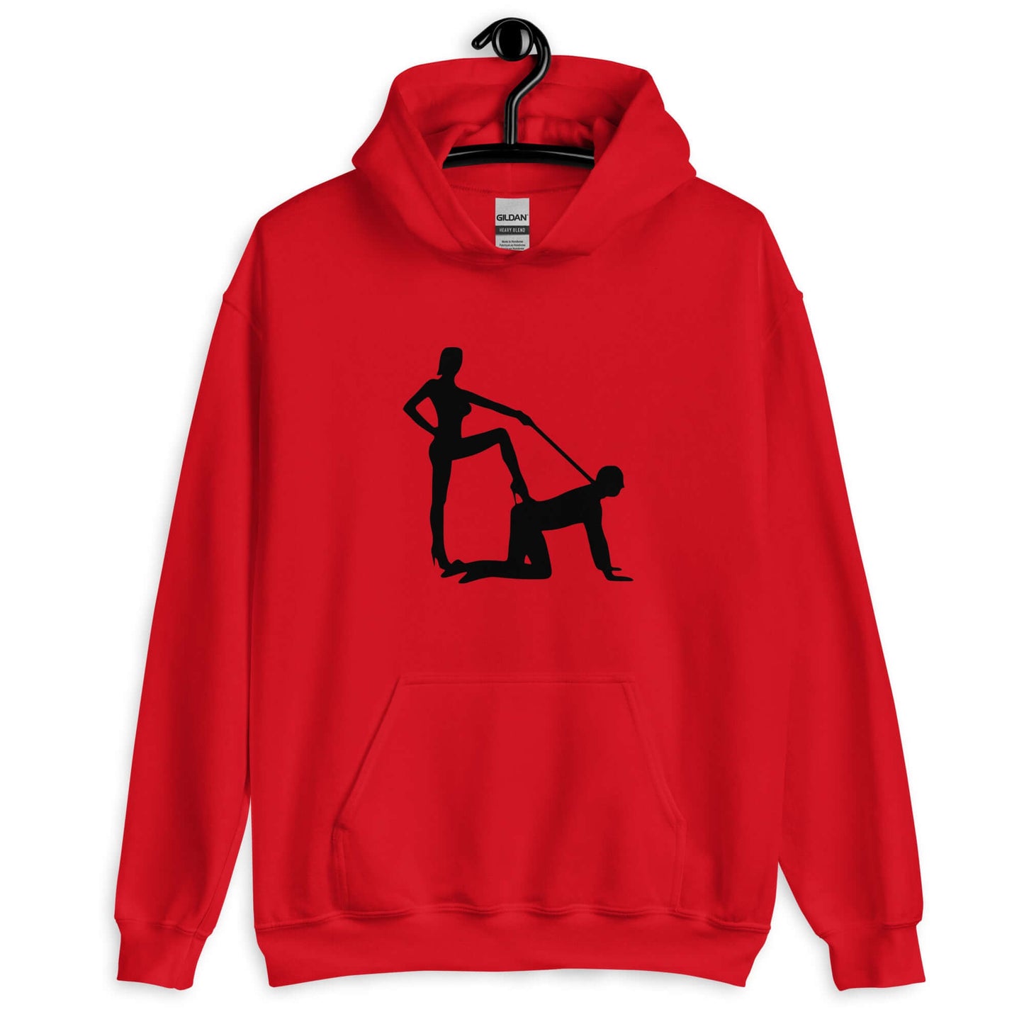 Red hoodie sweatshirt with silhouette image of a man on his hands and knees and a dominatrix holding his leash printed on the front.