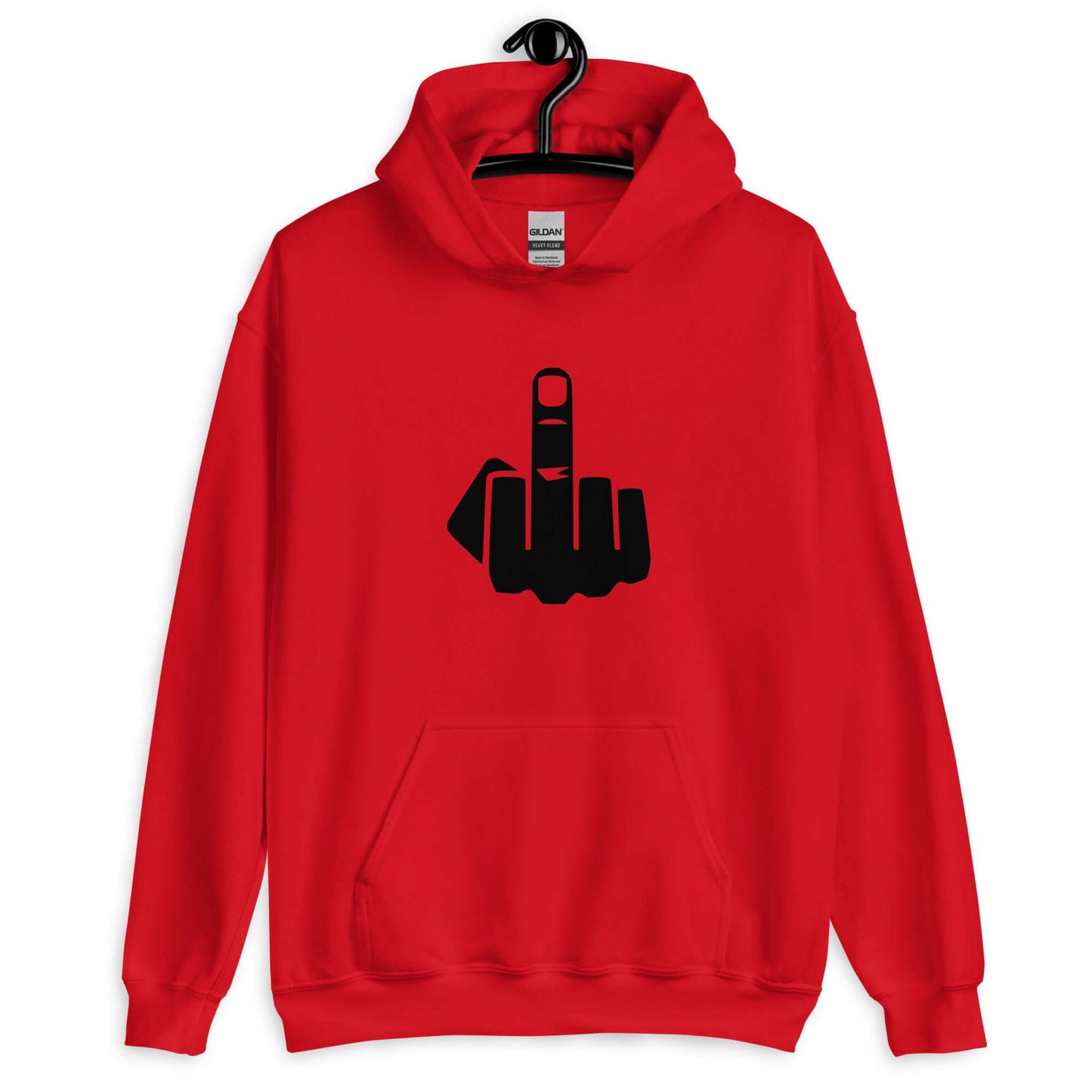 Red hoodie sweatshirt with an image of middle finger silhouette printed on the front.