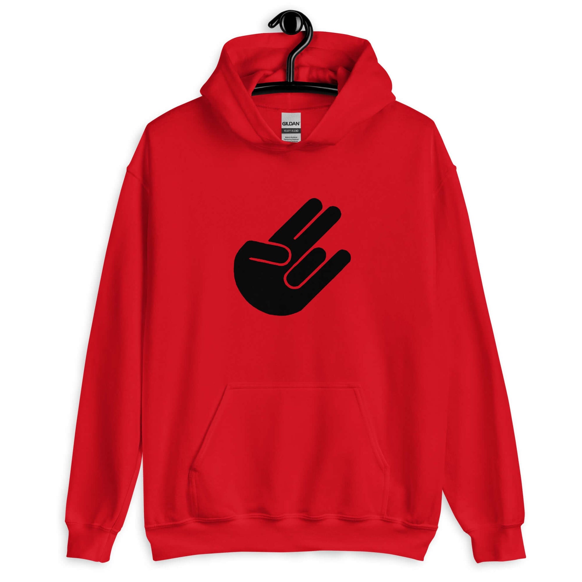 Red hoodie sweatshirt with the universal hand symbol for The Shocker printed on the front.