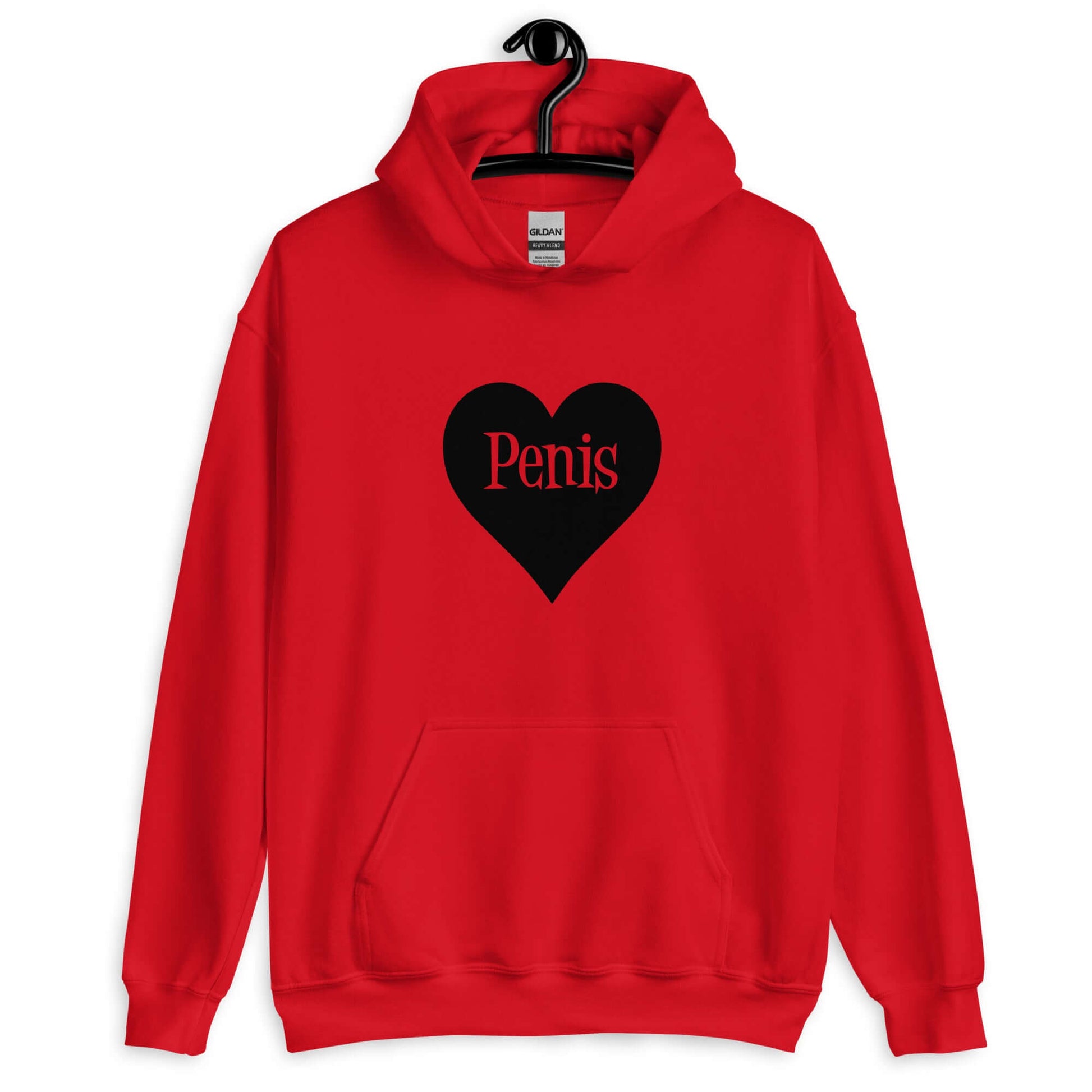 Red hoodie sweatshirt with a heart image printed on the front. The word penis is inside the heart