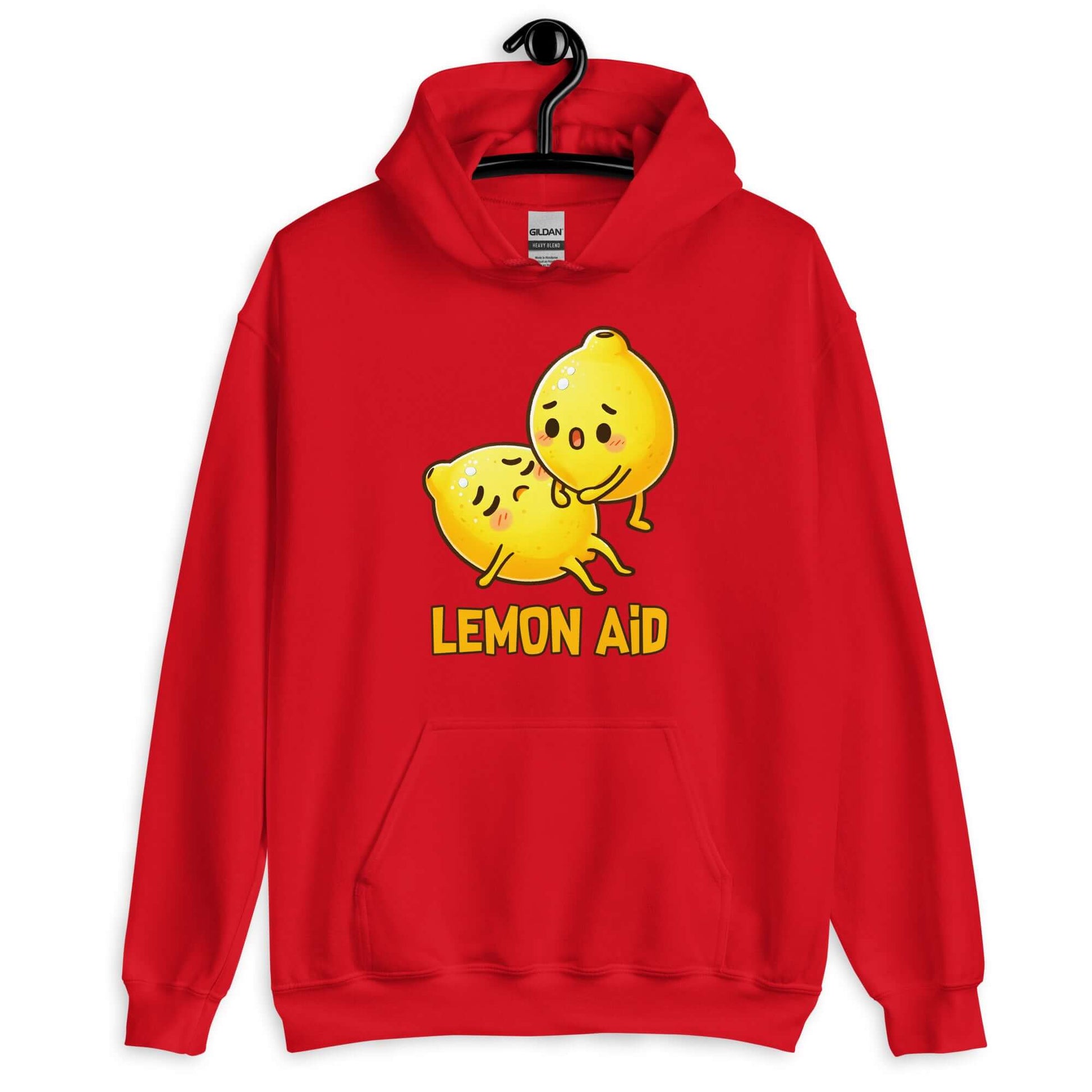 Red hoodie sweatshirt with image of 2 cartoon lemons. One lemon is giving the other lemon CPR. The words Lemon Aid is under the lemons. The graphic is printed on the front.